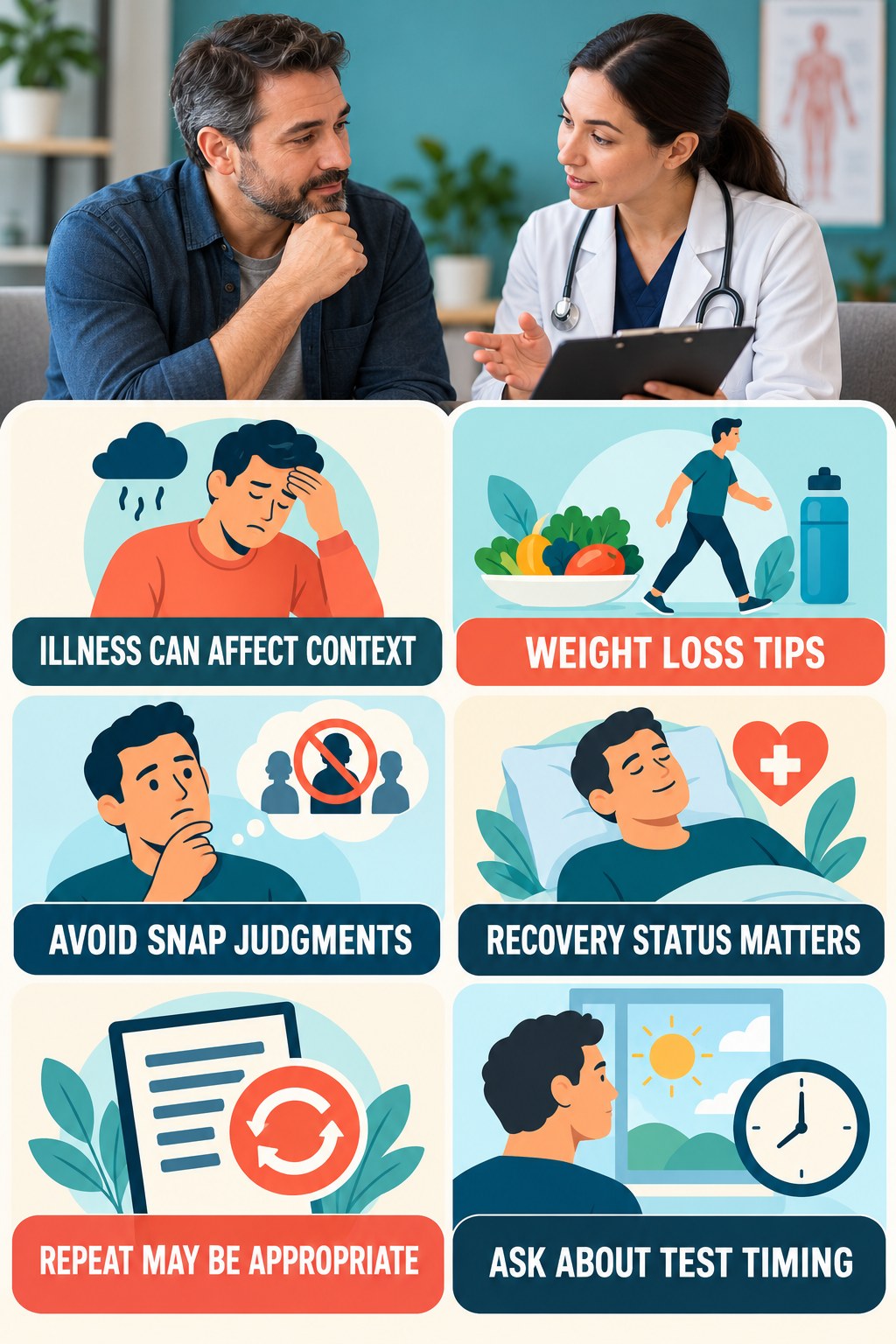 Acute Illness Can Complicate Interpretation testosterone-health-awareness infographic for Weight Loss Tips with four concise educational checks.
