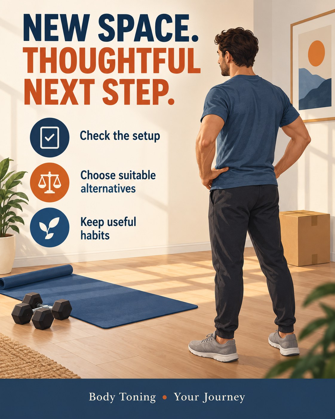 An adult looking over a clear home workout area with a mat and a small pair of dumbbells.