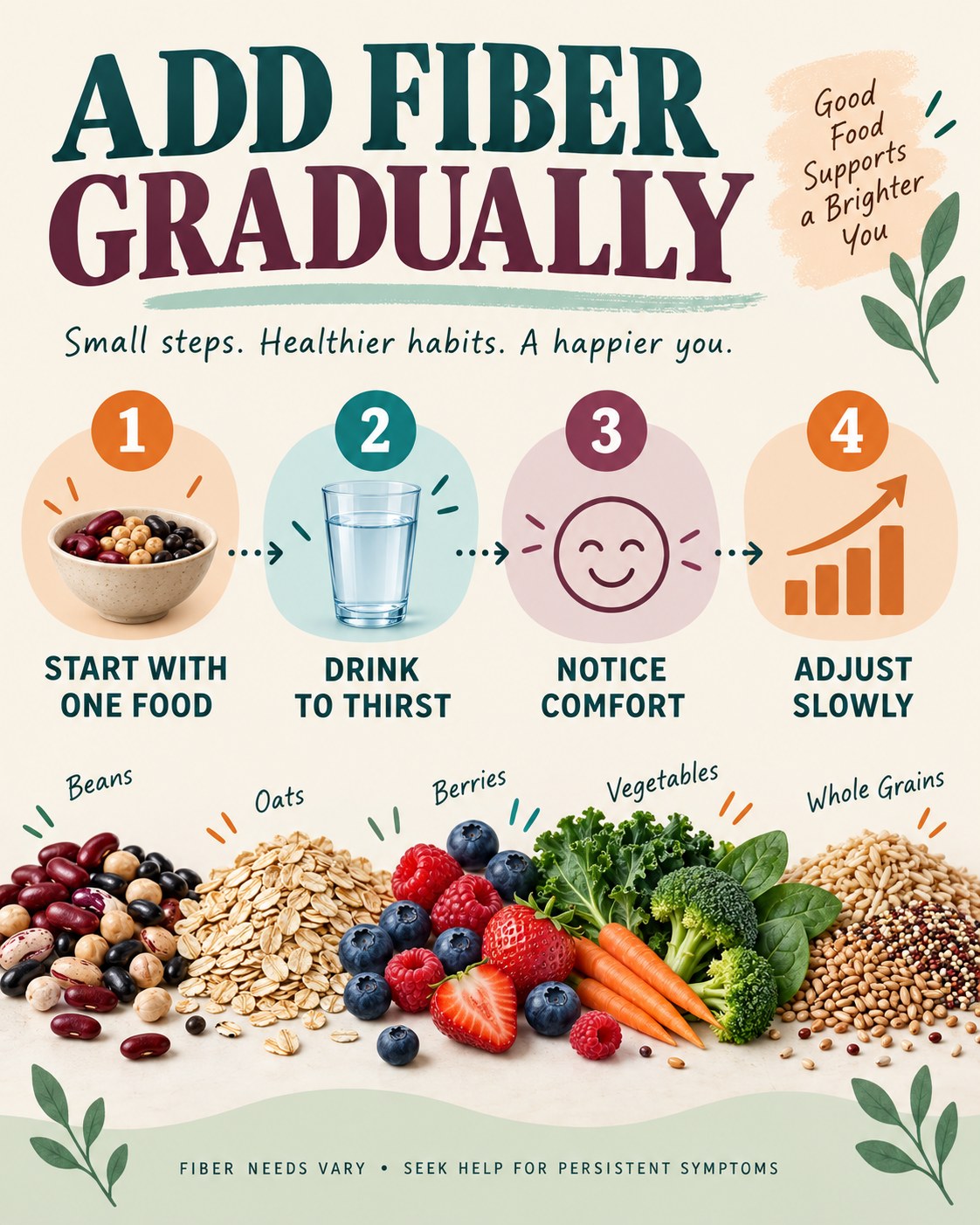 Fiber infographic showing a gradual four-step path with beans, oats, berries, vegetables and whole grains