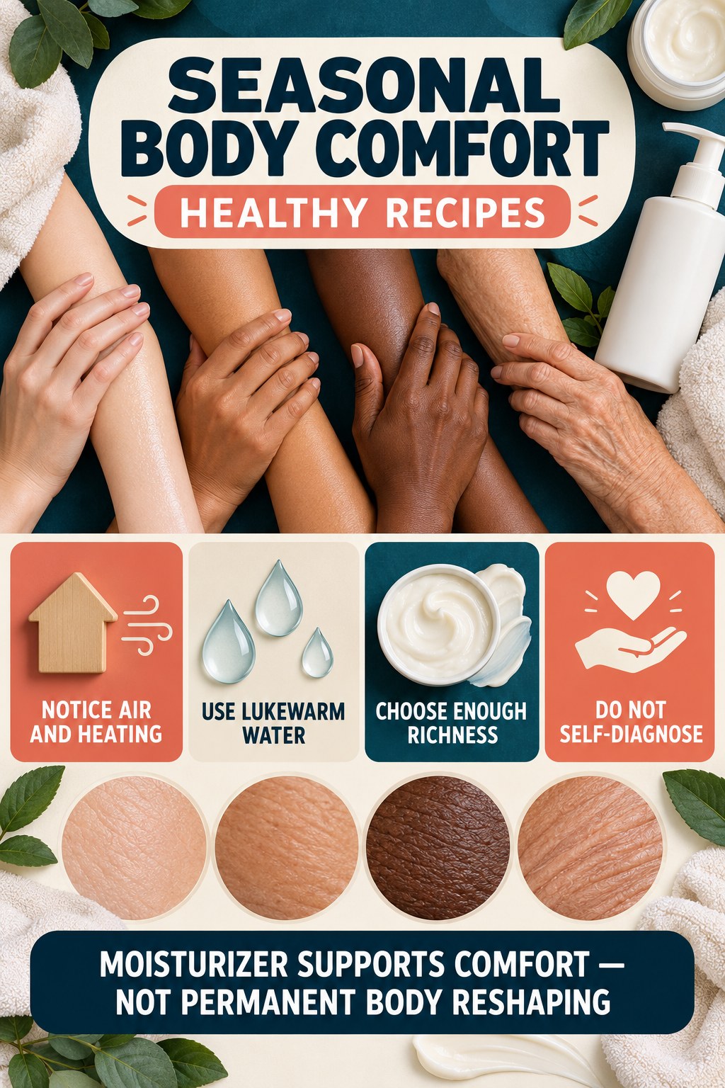 Adjust Moisturization for Seasonal Dryness body-moisturization infographic for Healthy Recipes with four body-neutral comfort actions.