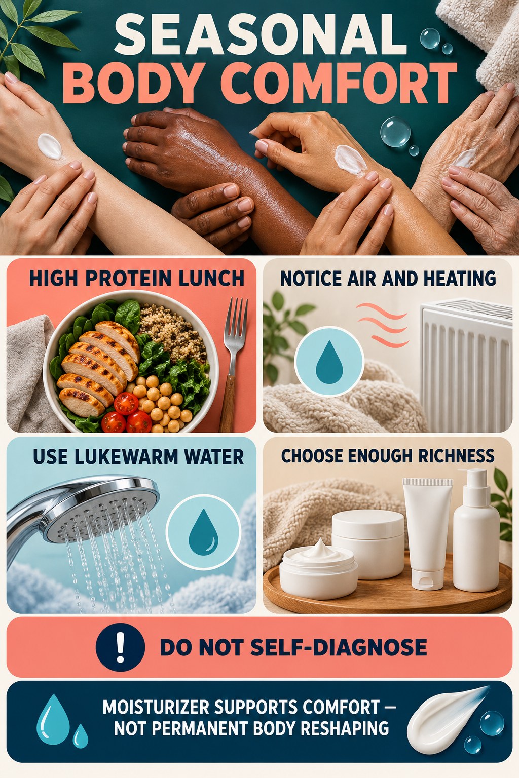 Adjust Moisturization for Seasonal Dryness body-moisturization infographic for High Protein Lunch with four body-neutral comfort actions.