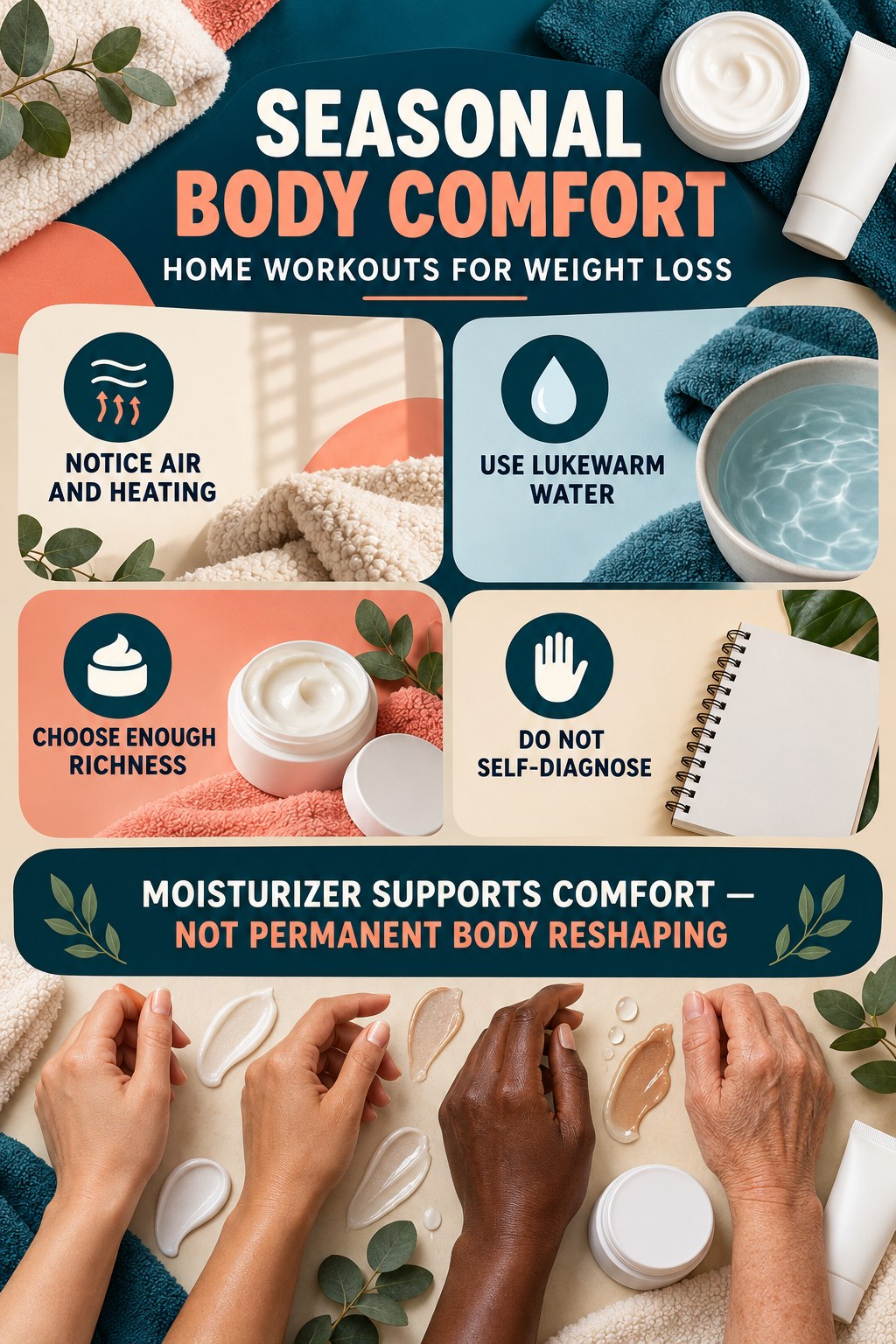 Adjust Moisturization for Seasonal Dryness body-moisturization infographic for Home Workouts for Weight Loss with four body-neutral comfort actions.