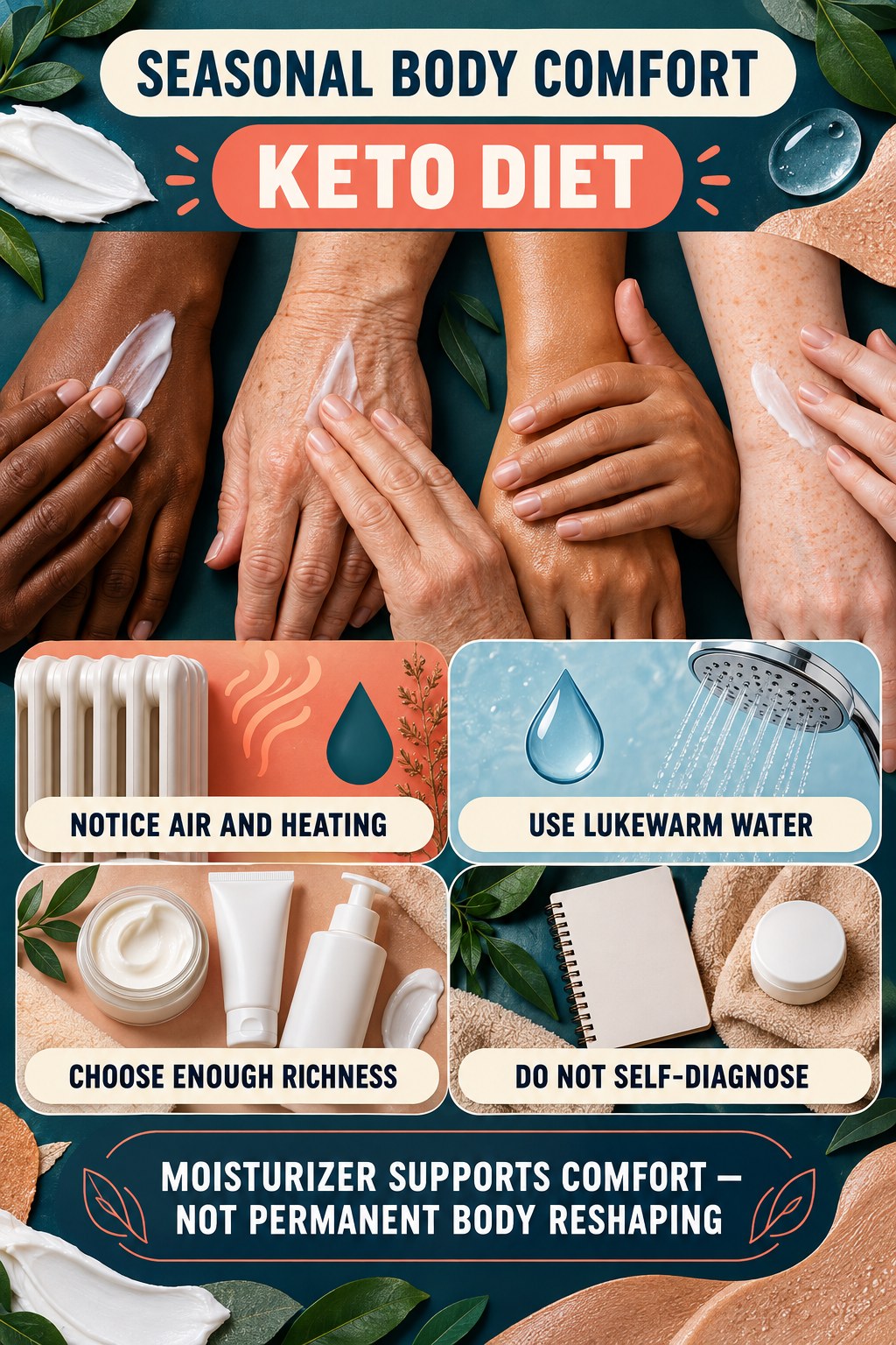 Adjust Moisturization for Seasonal Dryness body-moisturization infographic for Keto Diet with four body-neutral comfort actions.
