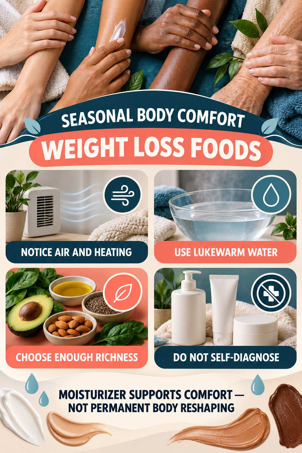 Adjust Moisturization for Seasonal Dryness body-moisturization infographic for Weight Loss Foods with four body-neutral comfort actions.