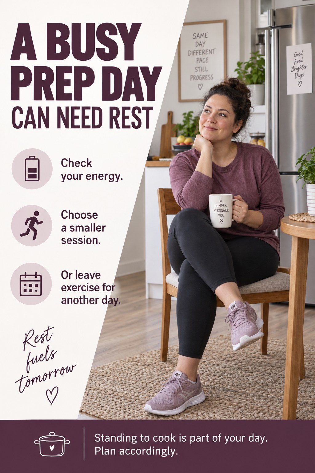 Woman rests on a sturdy chair beside a closed refrigerator with a checklist for a busy meal-prep day.