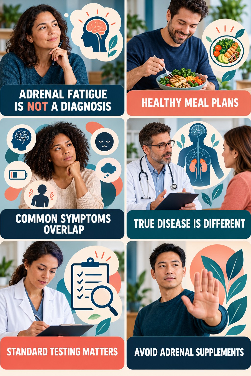 Adrenal Fatigue Is Not an Established Diagnosis natural-energy and hormone-health-literacy infographic for Healthy Meal Plans with four practical checks.