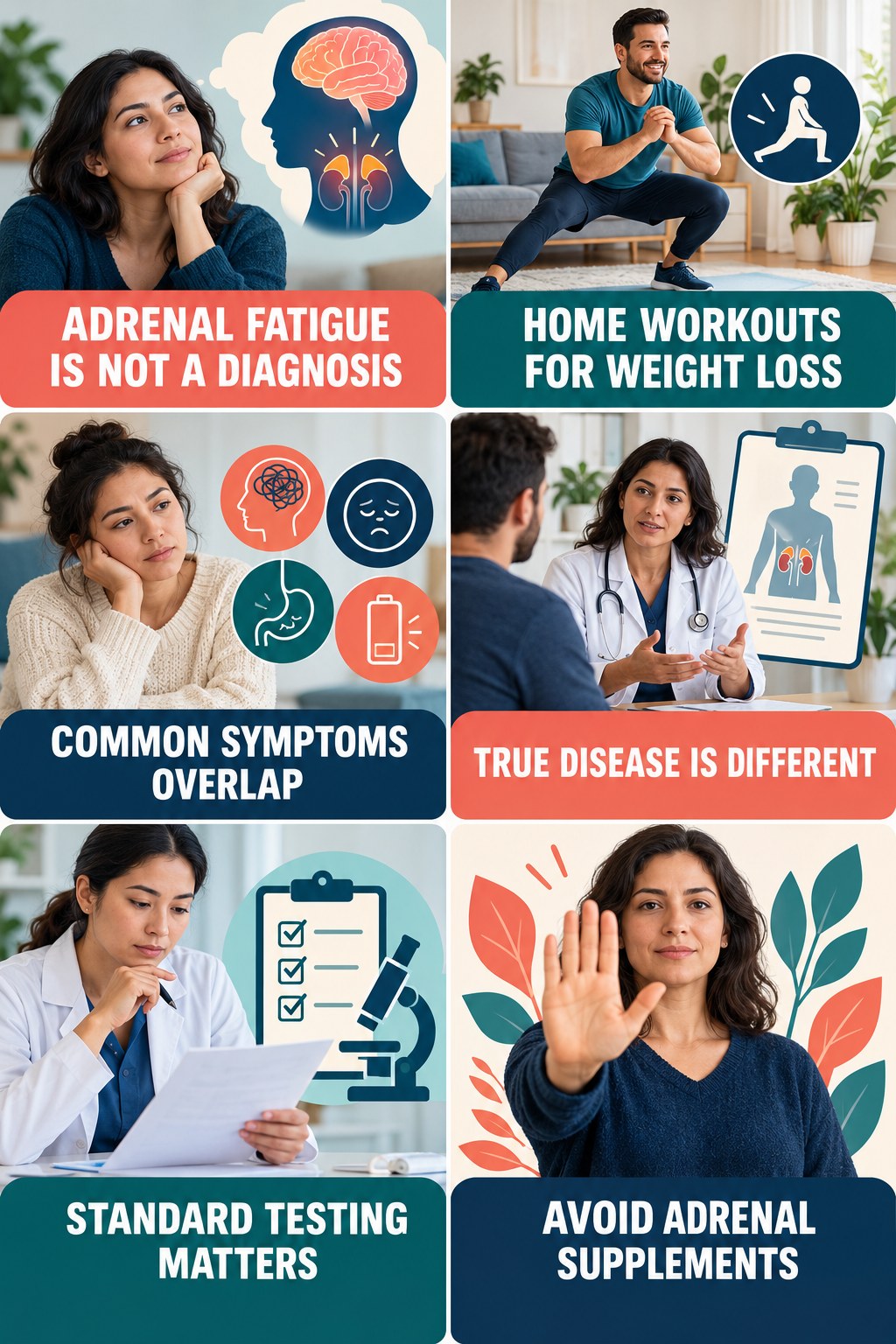 Adrenal Fatigue Is Not an Established Diagnosis natural-energy and hormone-health-literacy infographic for Home Workouts for Weight Loss with four practical checks.