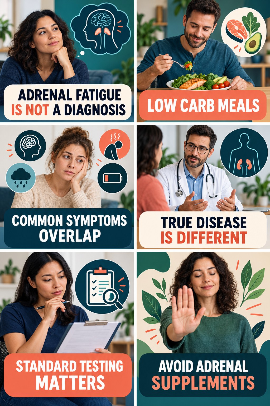 Adrenal Fatigue Is Not an Established Diagnosis natural-energy and hormone-health-literacy infographic for Low Carb Meals with four practical checks.