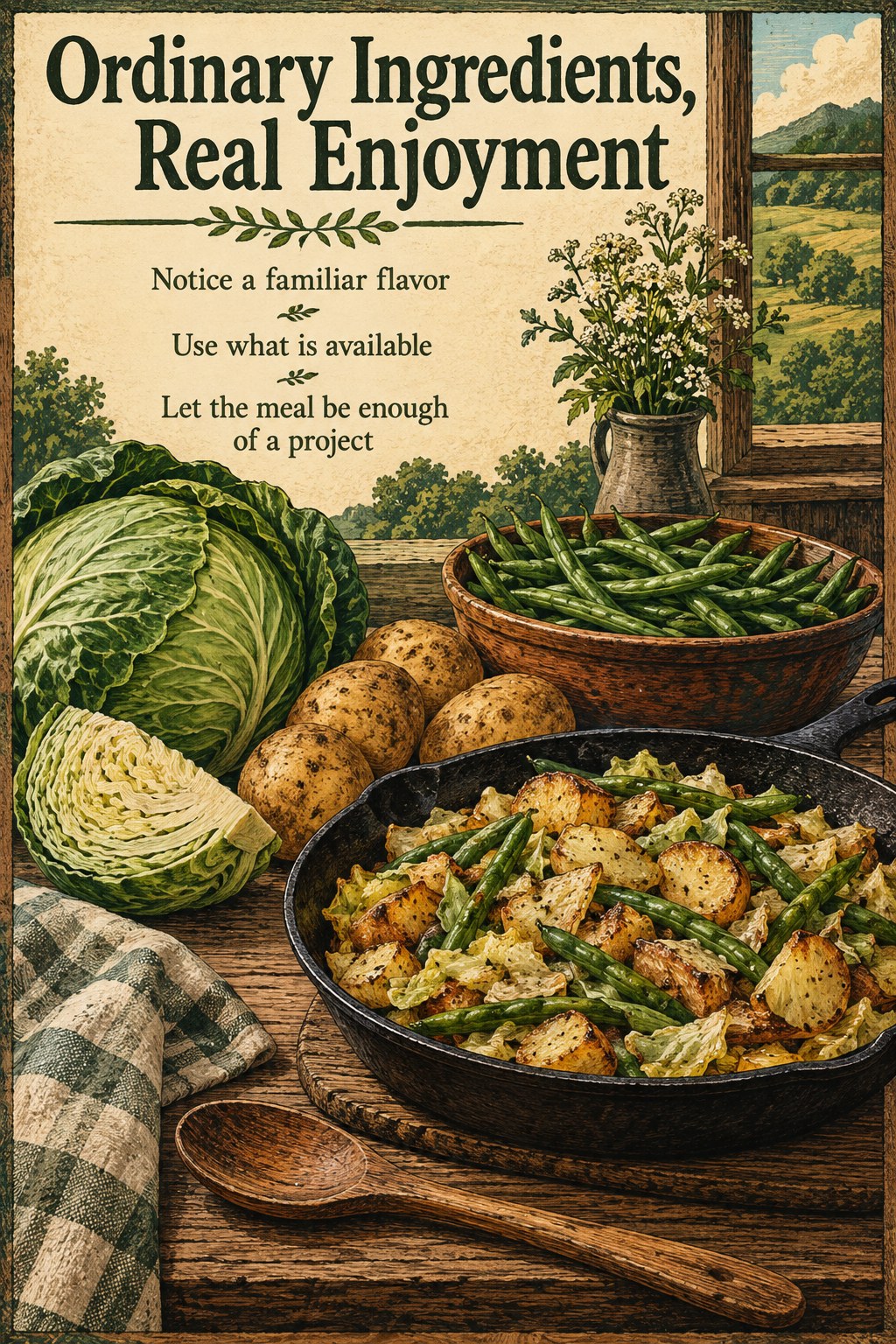 Rustic cabbage, potato, and bean skillet with text affirming that ordinary ingredients can make an enjoyable meal.