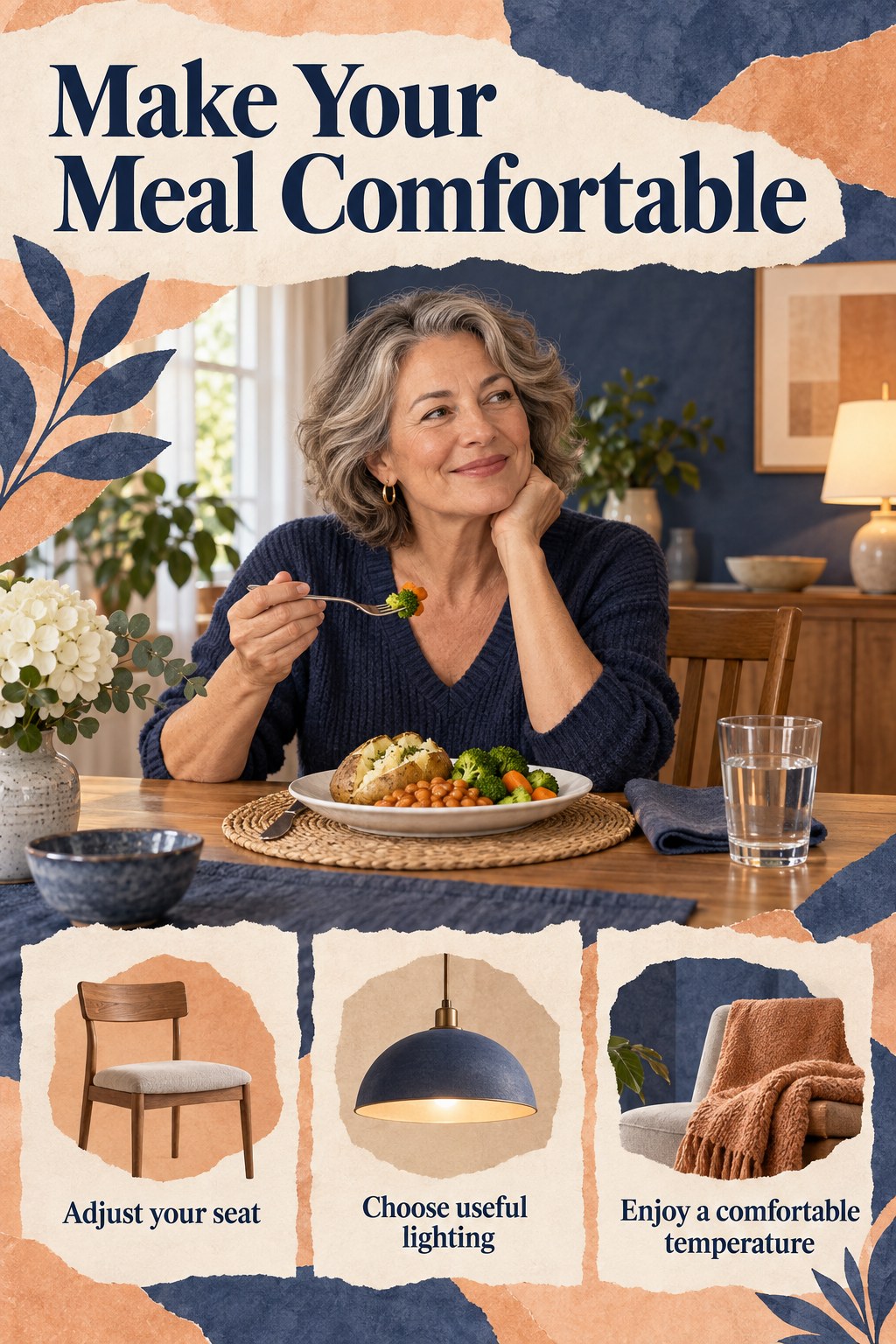 Illustrated adult at a softly lit table with a baked potato and beans beside three mealtime comfort reminders.