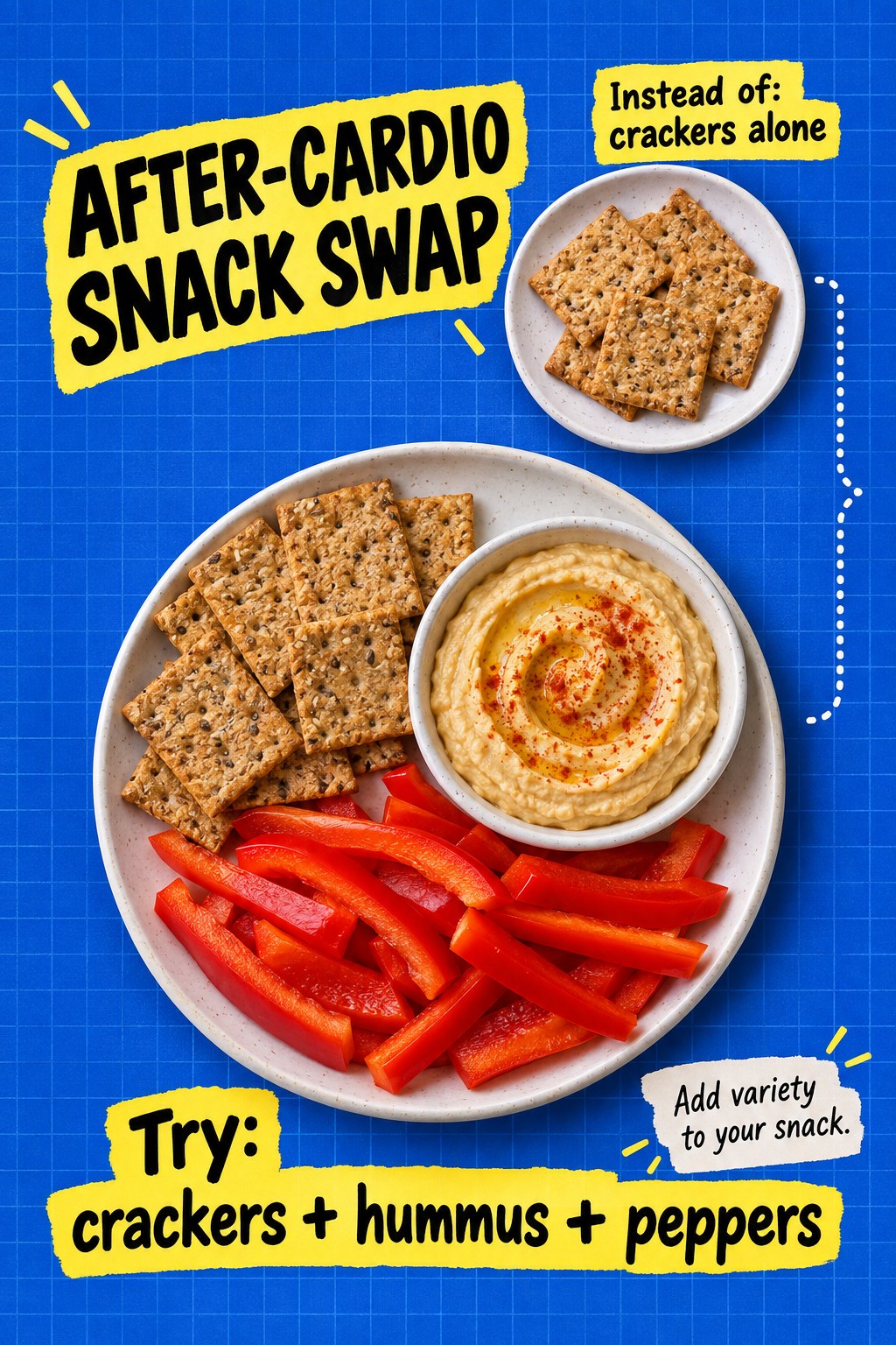 Crackers alone on a small plate compared with crackers, hummus and red bell pepper strips on a blue collage background.