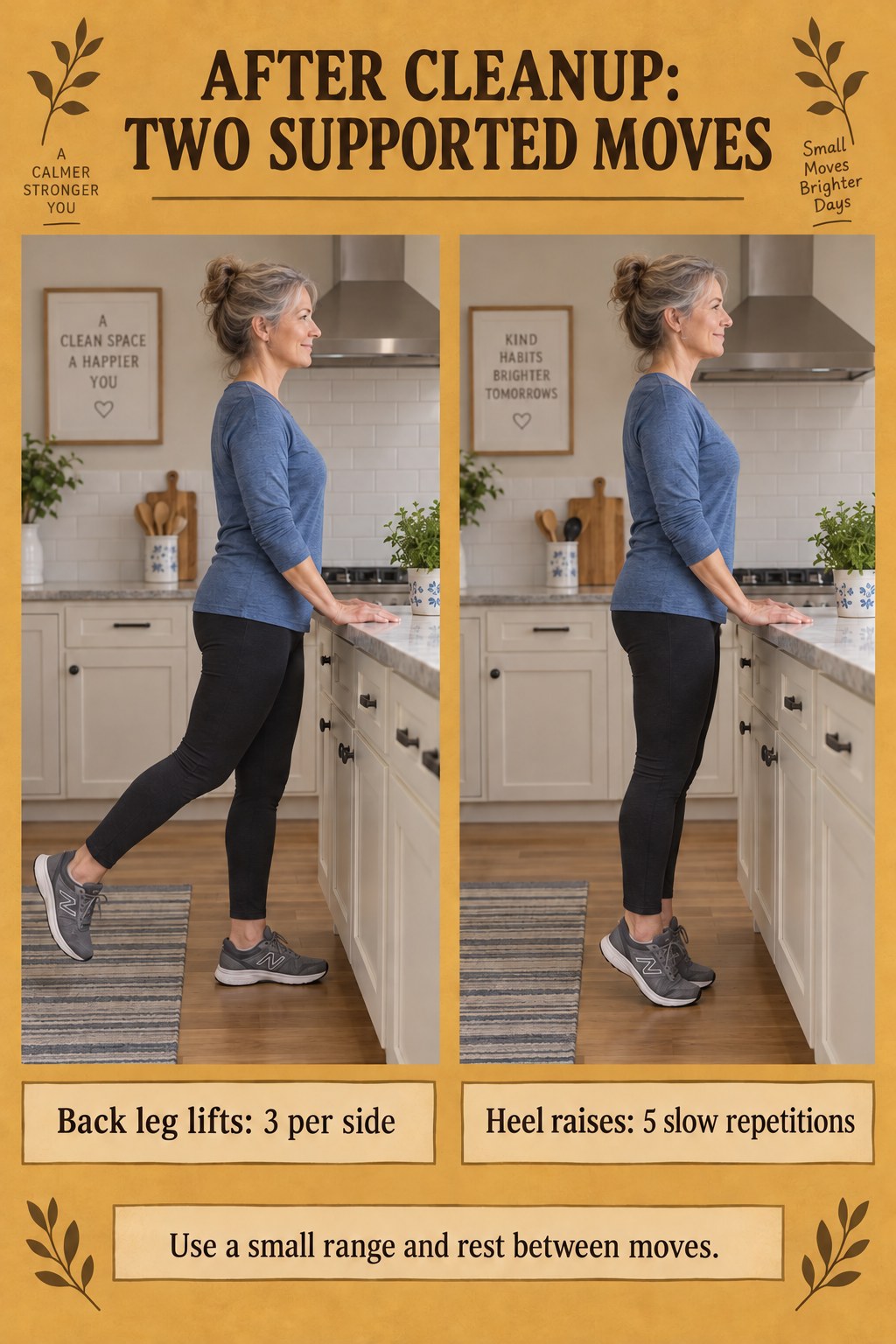 Woman uses a fixed counter for a small backward leg lift and a supported heel raise in a clean kitchen.