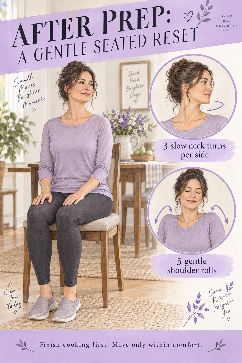 Seated woman demonstrates slow neck turns and shoulder rolls with clear counts in a lavender beginner movement infographic.