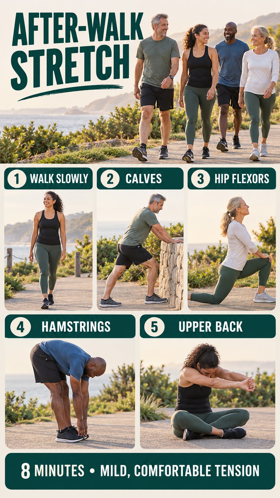 Vertical infographic showing a gentle after-walk stretch for calves, hips, hamstrings, and upper back