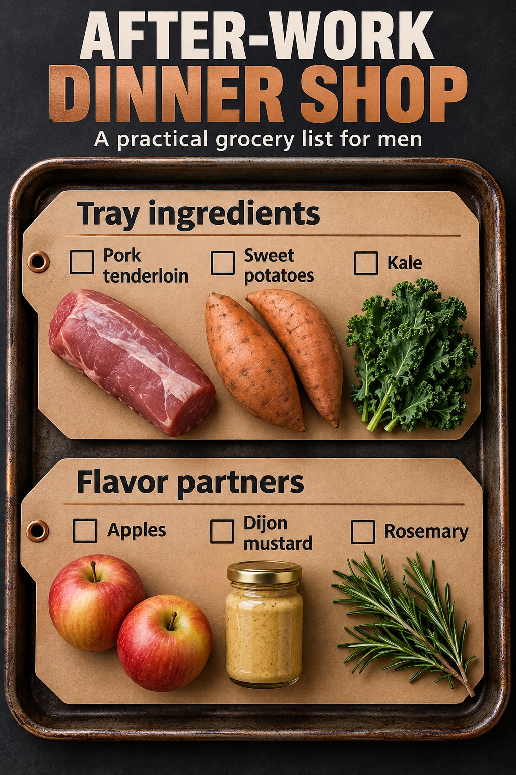 Charcoal and copper tray-style grocery list with pork tenderloin, sweet potatoes, kale, apples, Dijon mustard and rosemary.