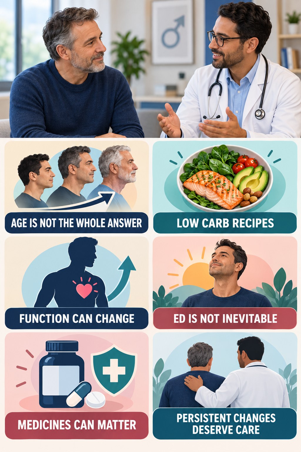 Age Does Not Explain Every Sexual Change infographic for Low Carb Recipes with four concise, non-shaming sexual-health education points.