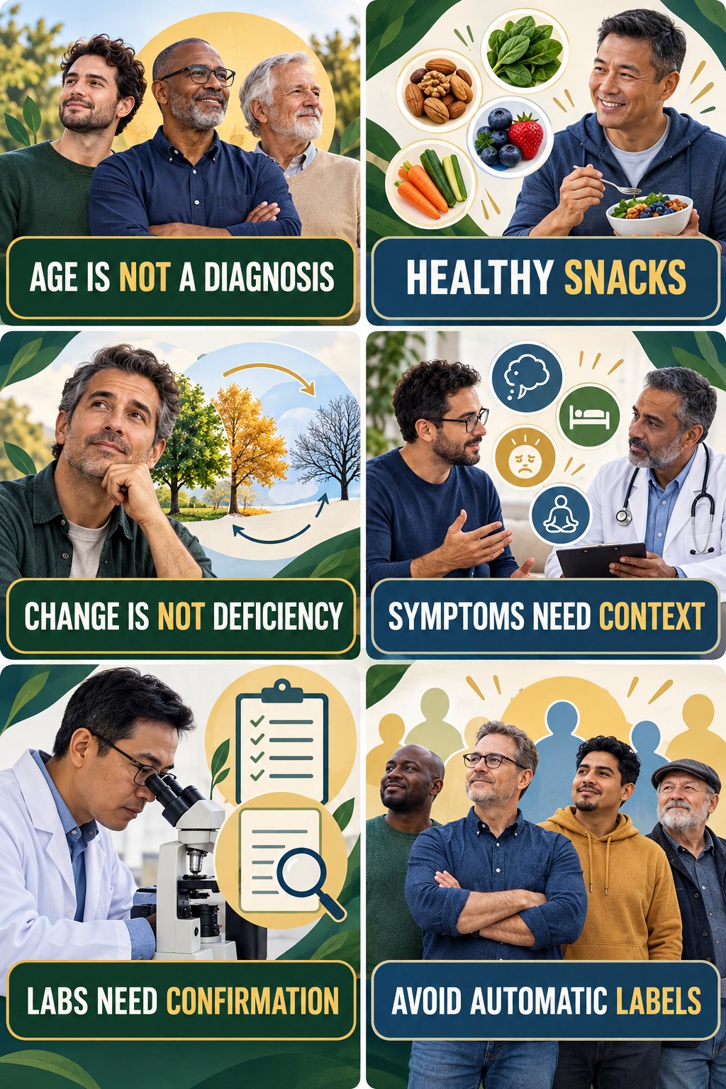 Age Is Not Automatic Testosterone Deficiency testosterone-health-awareness infographic for Healthy Snacks with four concise educational checks.