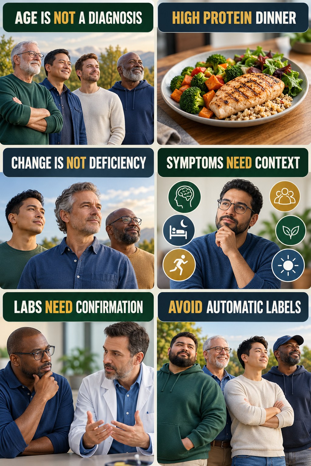 Age Is Not Automatic Testosterone Deficiency testosterone-health-awareness infographic for High Protein Dinner with four concise educational checks.
