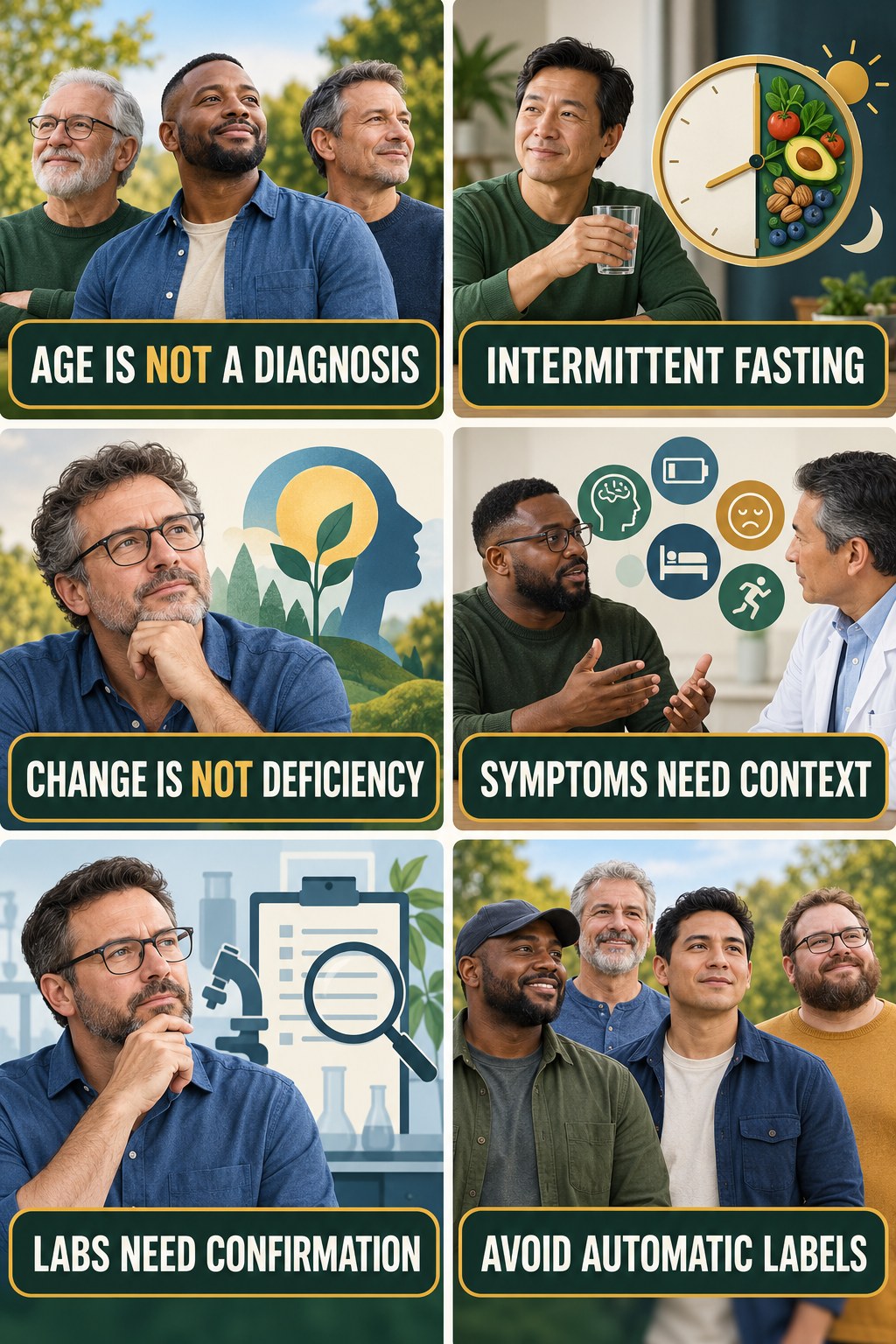 Age Is Not Automatic Testosterone Deficiency testosterone-health-awareness infographic for Intermittent Fasting with four concise educational checks.
