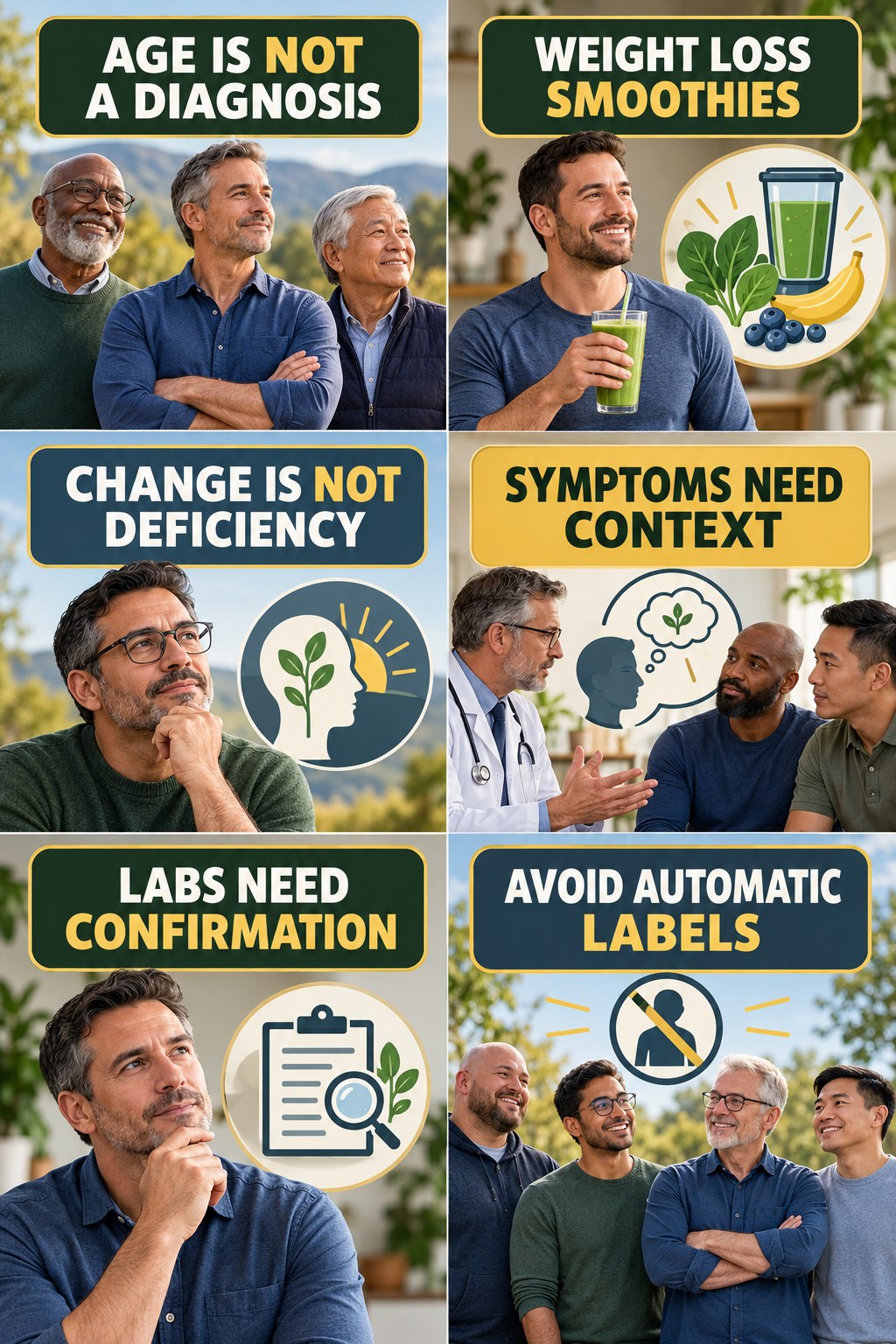 Age Is Not Automatic Testosterone Deficiency testosterone-health-awareness infographic for Weight Loss Smoothies with four concise educational checks.