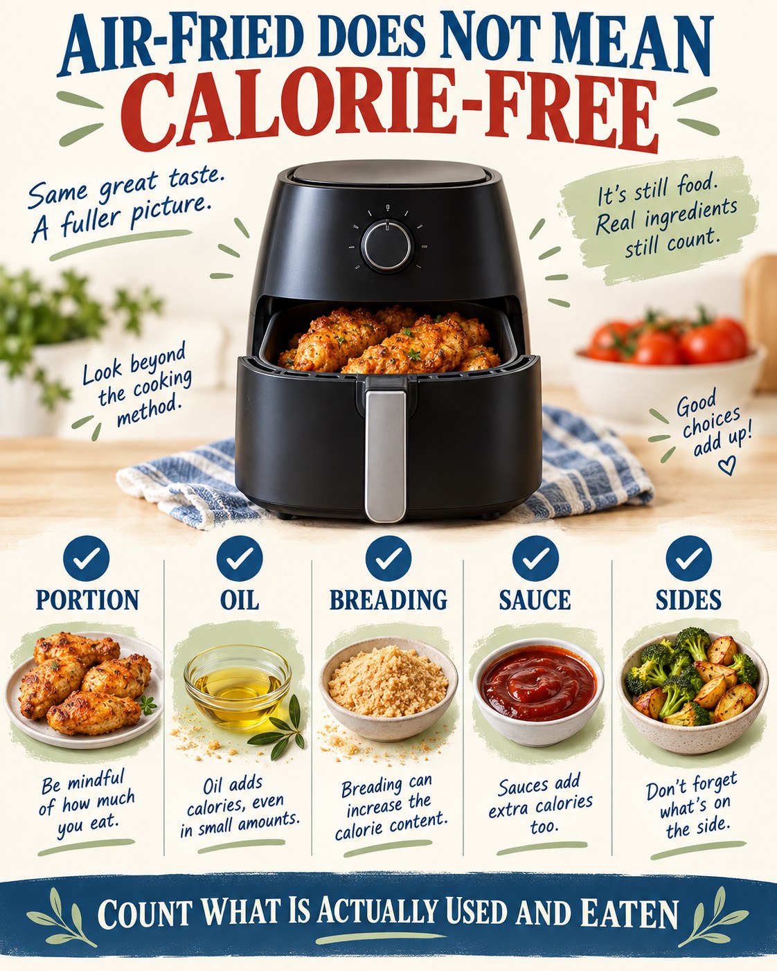 Air-fryer infographic with a checklist for portion, oil, breading, sauce and sides
