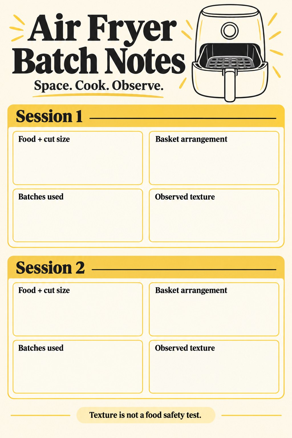 Blank air fryer batch tracker with food size, basket arrangement, batches used, and observed texture fields.