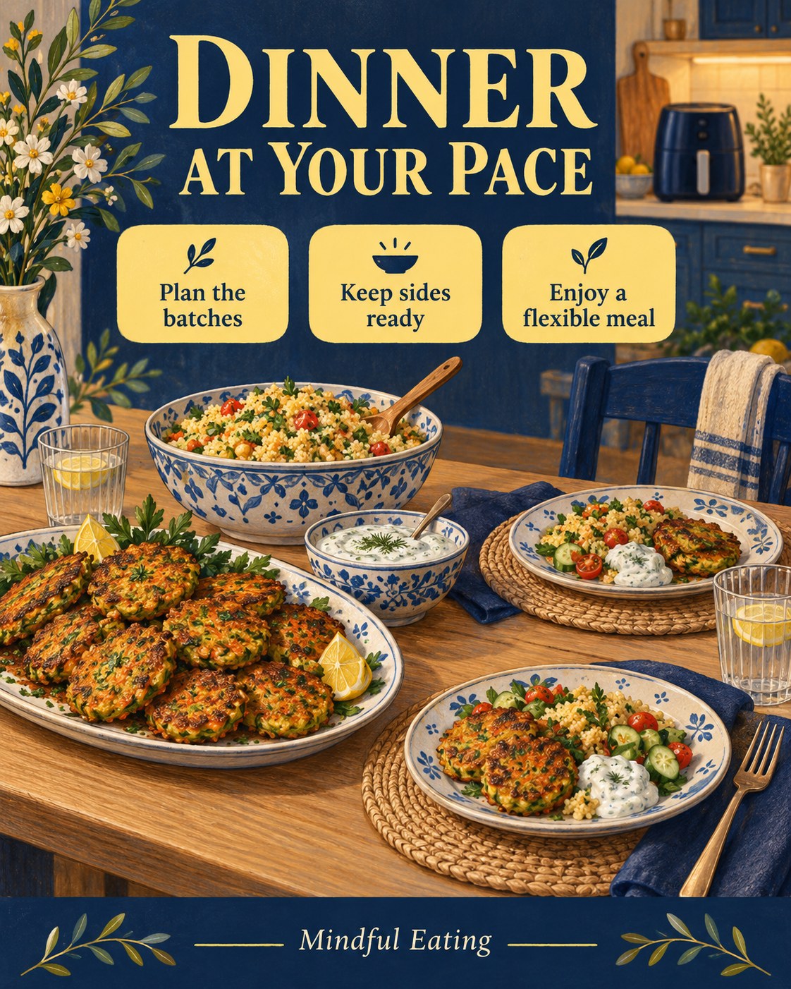 Illustrated vegetable fritters, couscous and yogurt sauce arranged for an easy shared air fryer dinner.