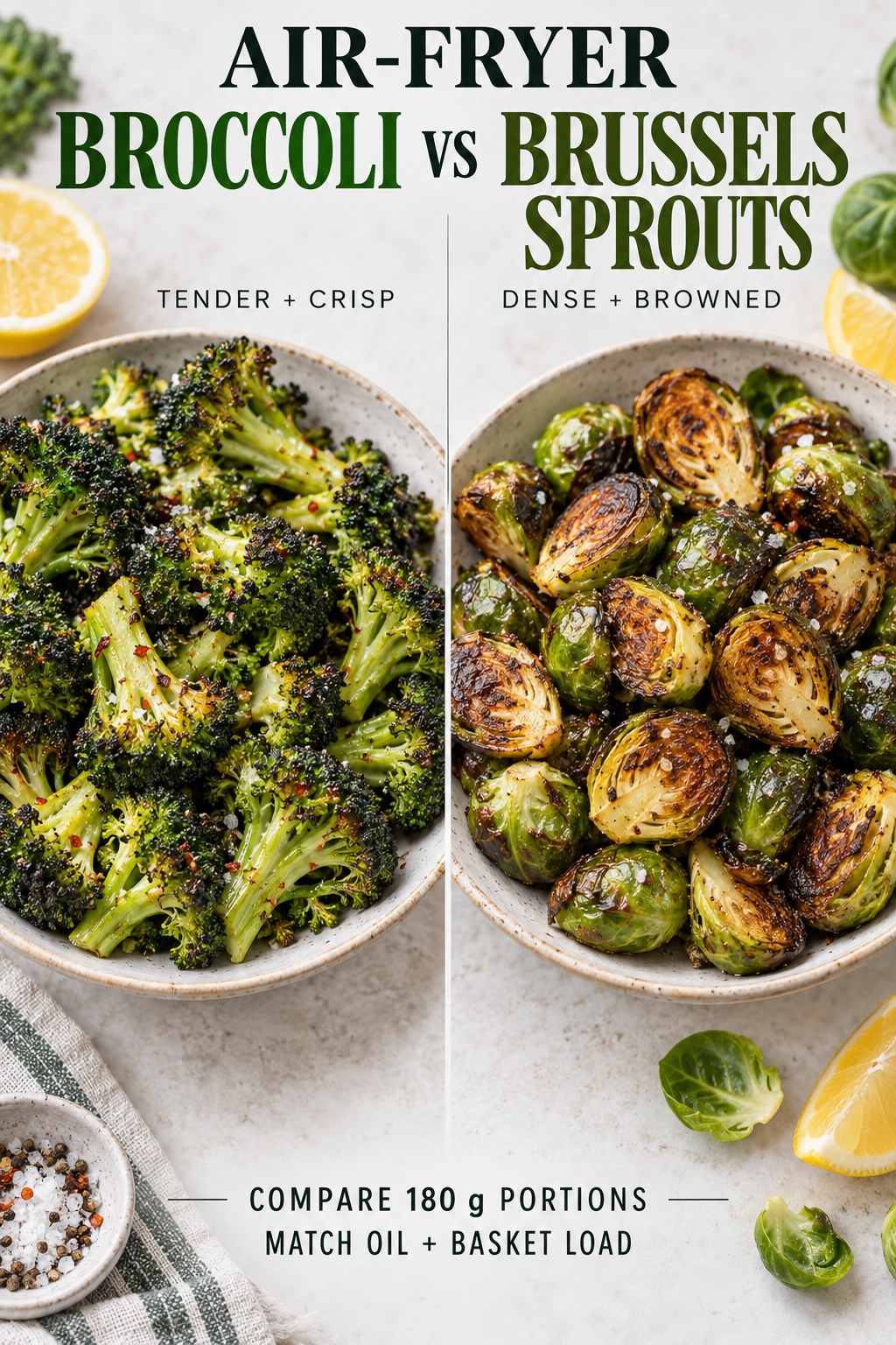 Air-fryer broccoli and air-fryer Brussels sprouts in equal browned vegetable side portions with lemon.