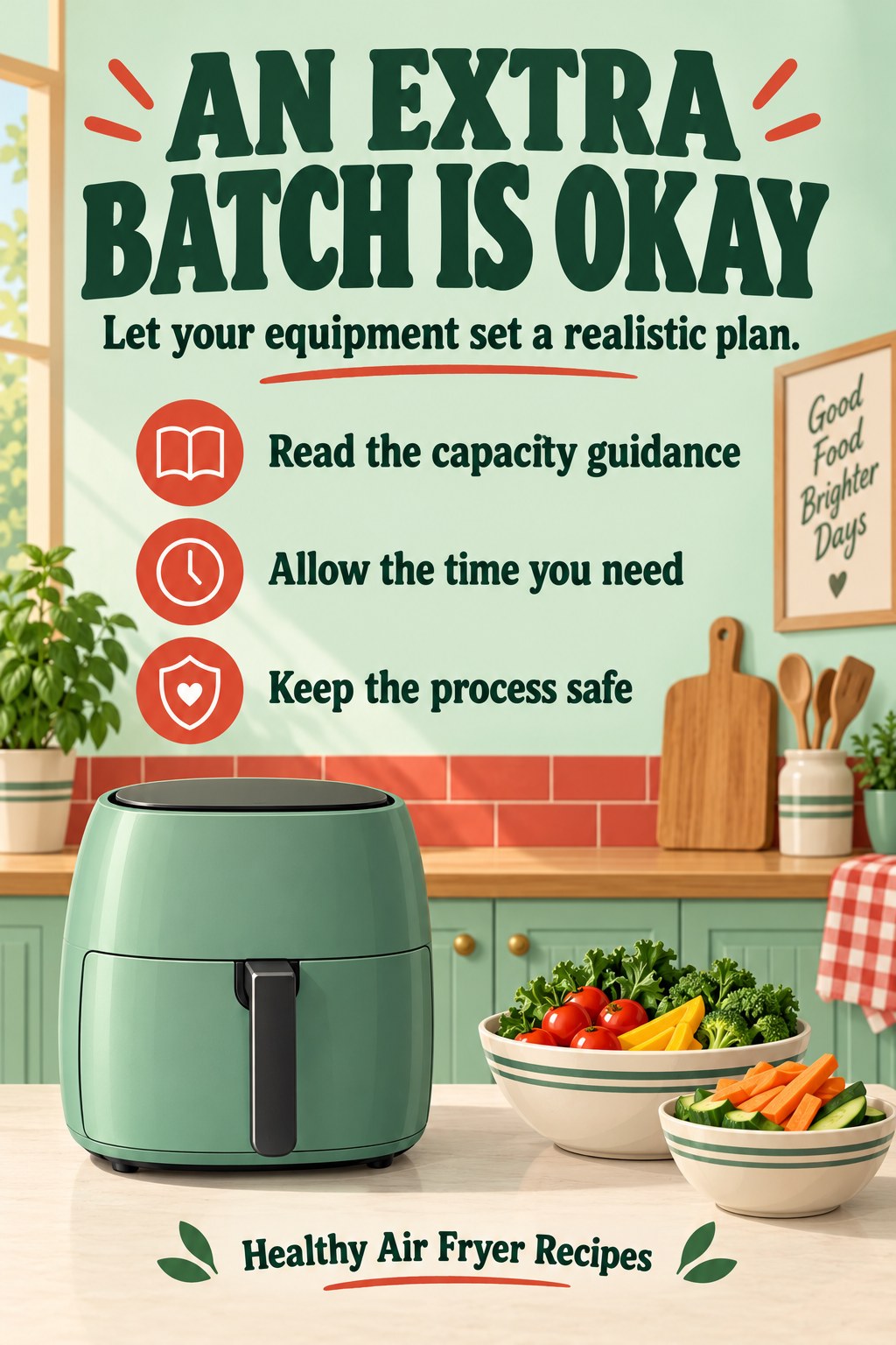 Illustrated air fryer and two separate vegetable bowls beneath a message about allowing time for another batch