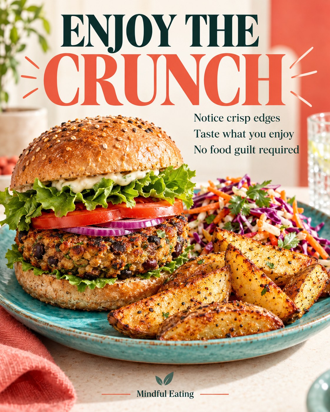Air fryer potato wedges beside a bean burger and colorful slaw with texture-focused eating tips.