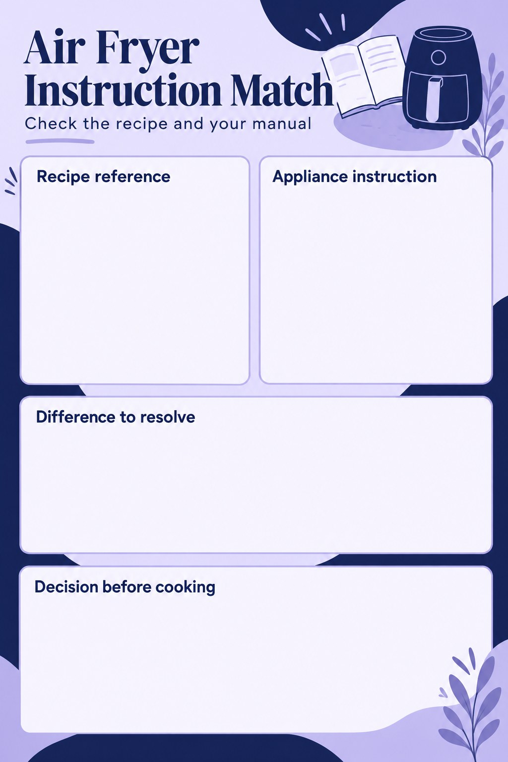 Air fryer instruction match worksheet with recipe reference, appliance instruction, difference to resolve, and decision fields.