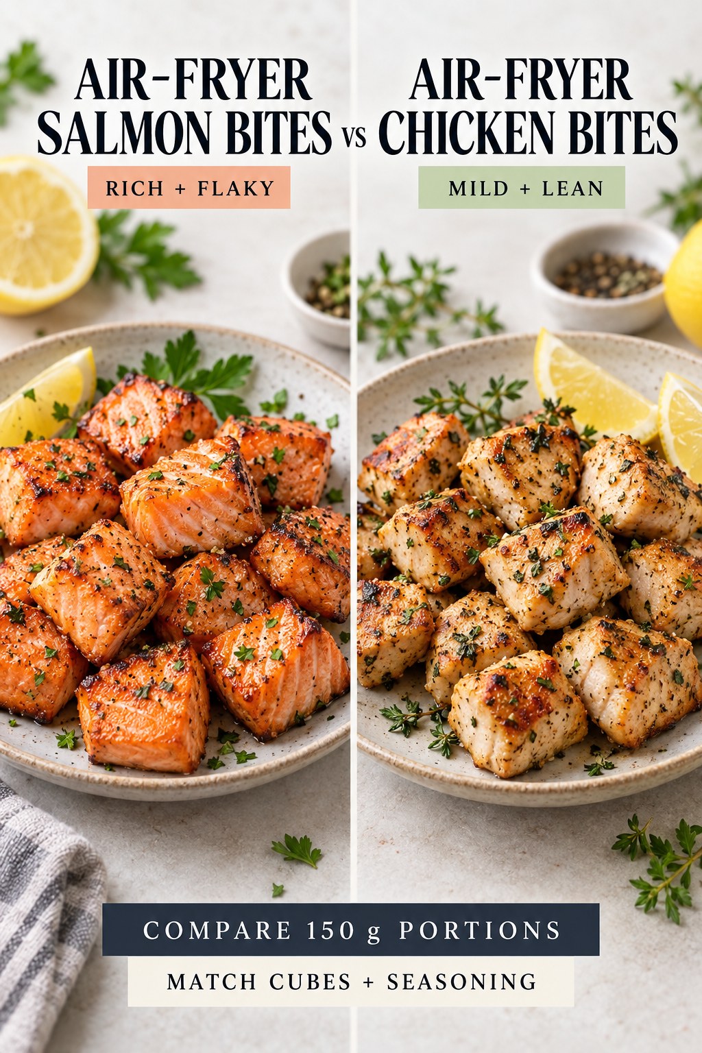 Air-fryer salmon bites and air-fryer chicken bites in equal cooked portions with lemon and herbs.