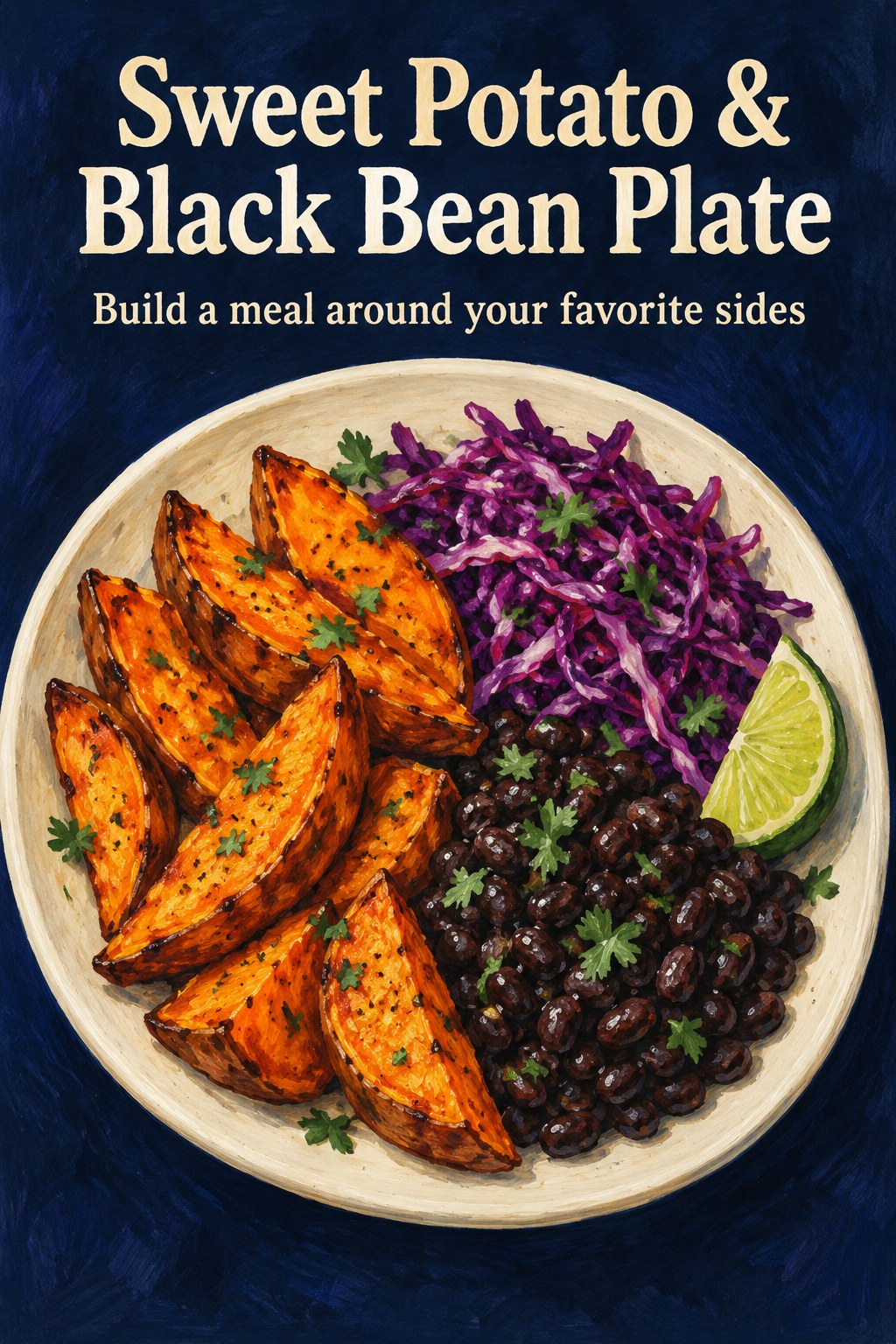 Illustrated sweet potato wedges with black beans, shredded cabbage and lime