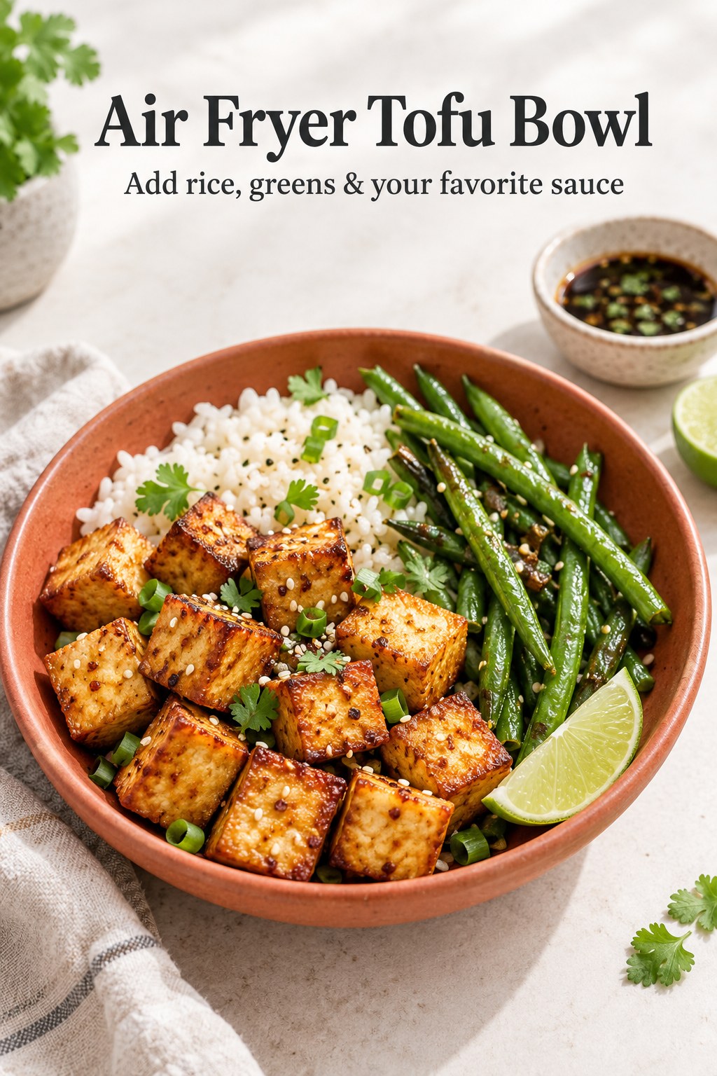 Golden tofu cubes and green beans over rice with lime on a terracotta plate