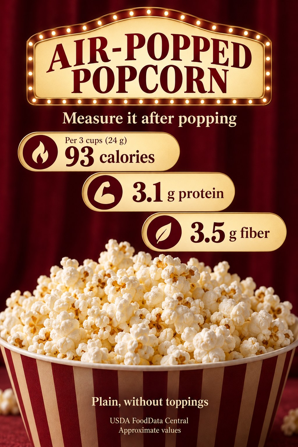 Plain air-popped popcorn card listing 93 calories, 3.1 grams protein and 3.5 grams fiber per three cups weighing 24 grams.