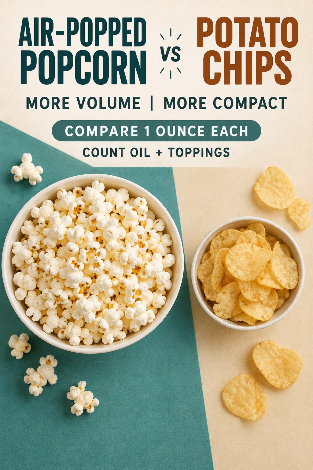 Equal one-ounce portions of air-popped popcorn and potato chips, compared for volume, preparation, sodium, and toppings.