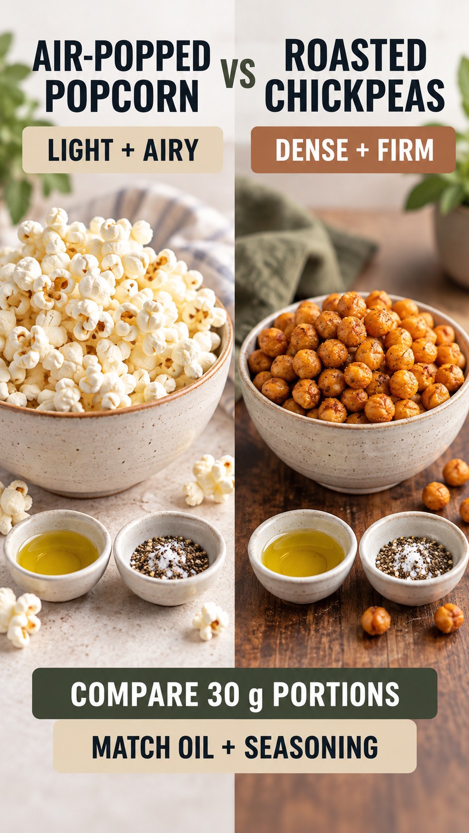 Air-popped popcorn and roasted chickpeas in equal 30 g portions, compared for crunch and volume.