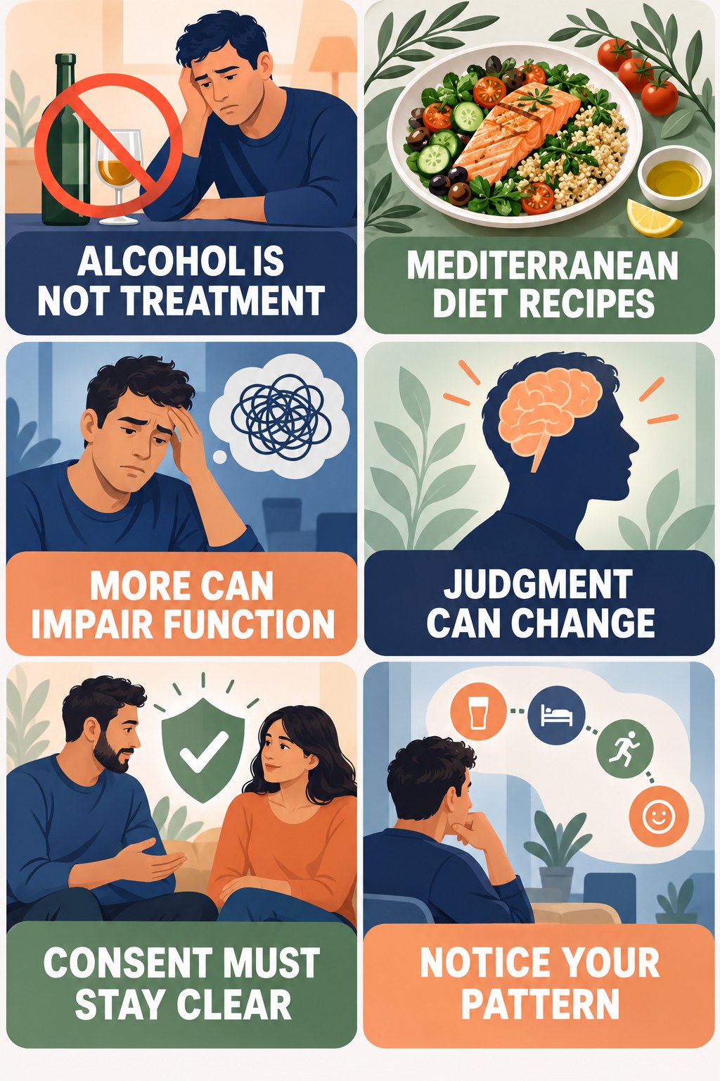 Alcohol Is Not a Sexual Performance Treatment infographic for Mediterranean Diet Recipes with four concise, non-shaming sexual-health education points.