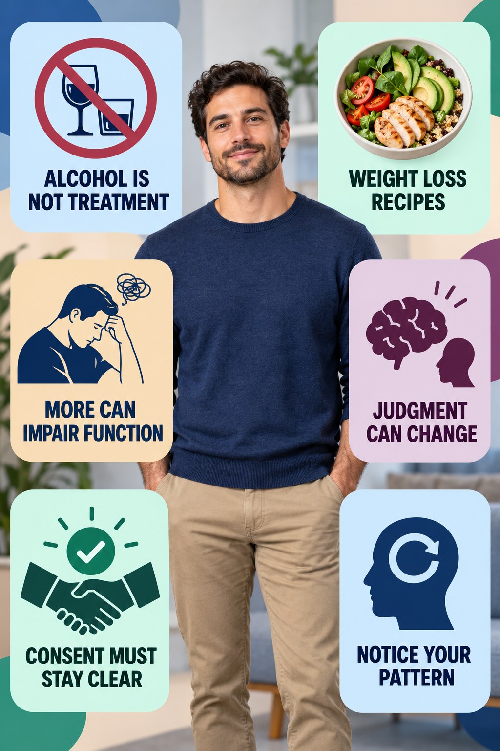 Alcohol Is Not a Sexual Performance Treatment infographic for Weight Loss Recipes with four concise, non-shaming sexual-health education points.