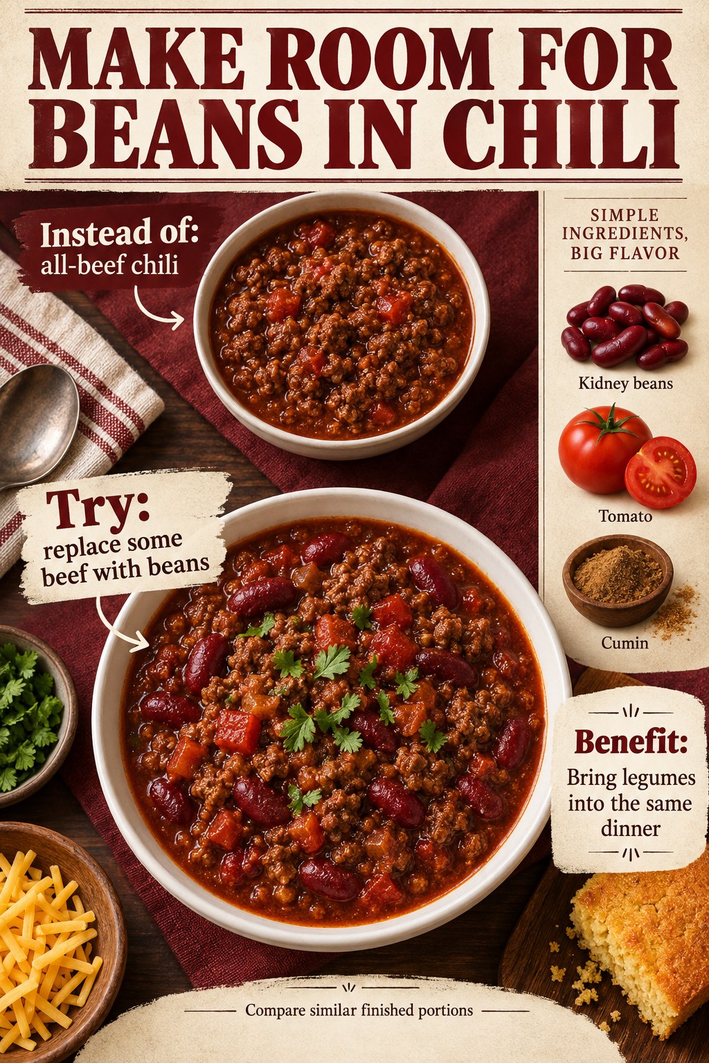 All-beef chili compared with beef and kidney bean chili in a burgundy recipe-newspaper layout with ingredient images.
