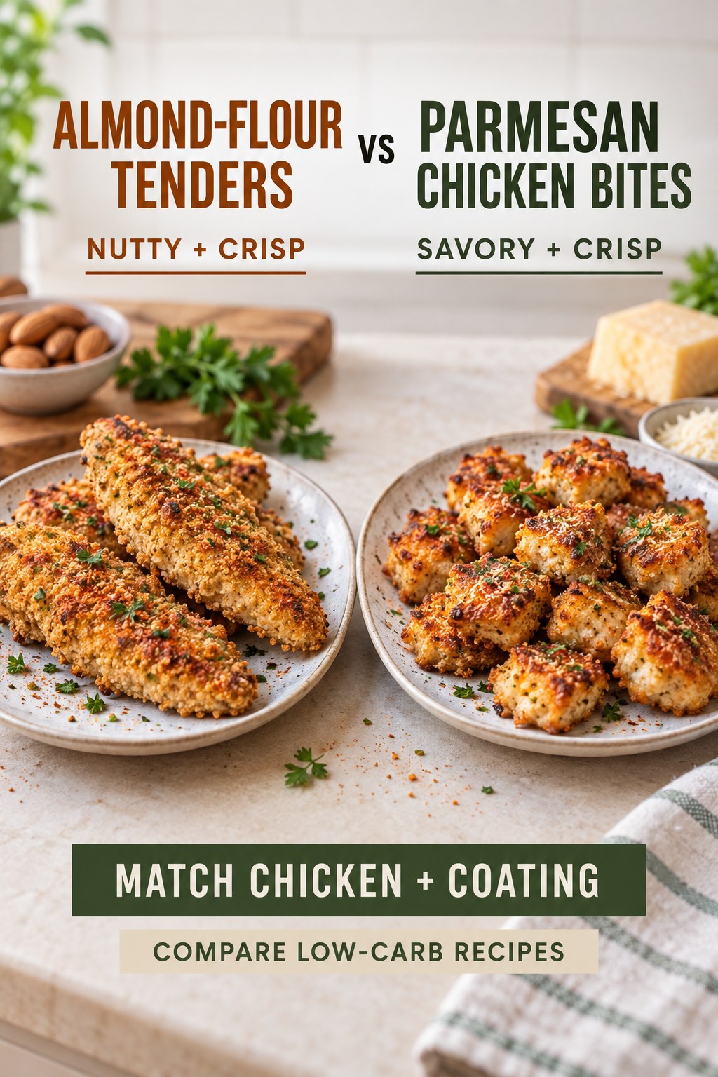 Almond-flour chicken tenders and Parmesan chicken bites in equal portions with matching paprika and herbs.