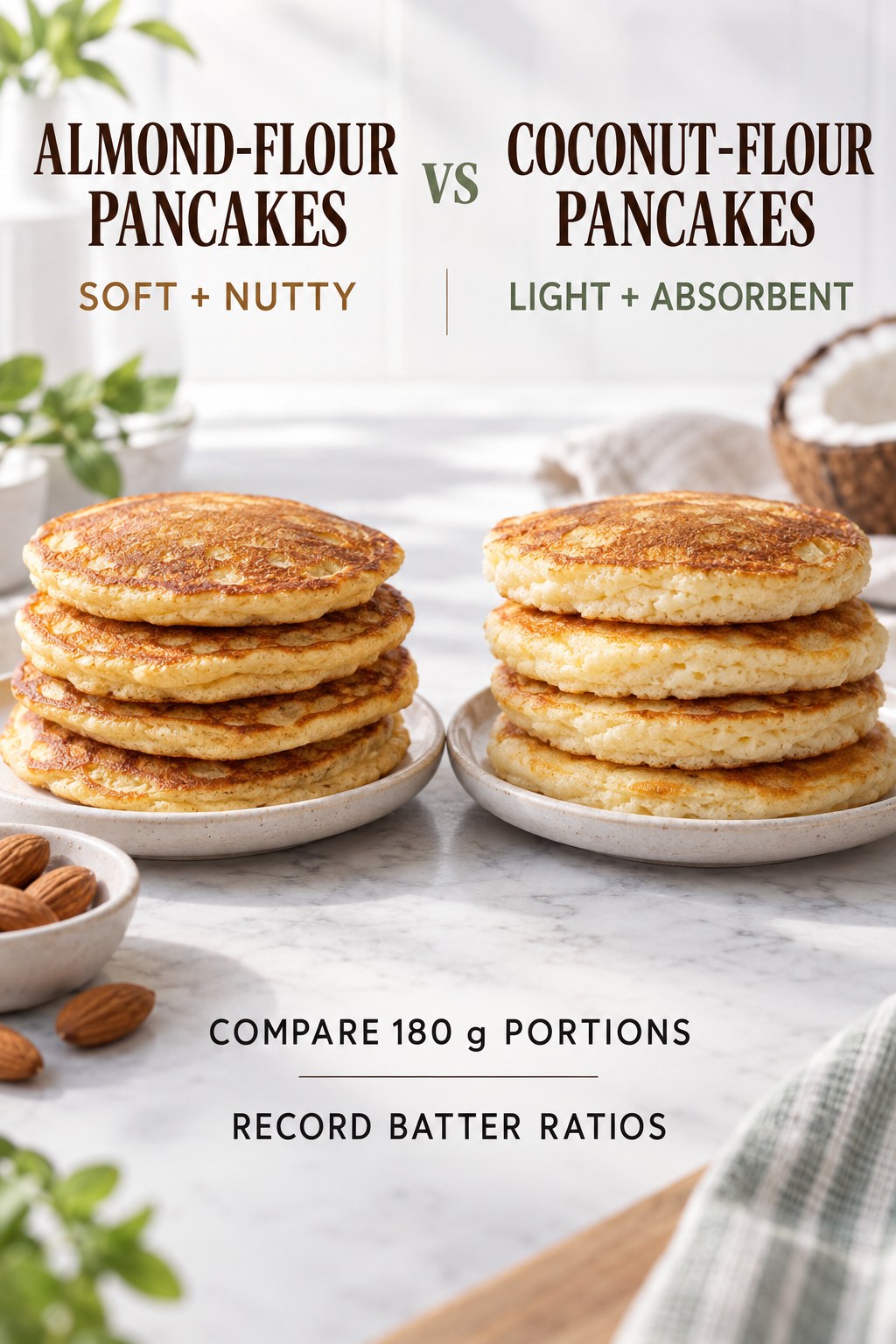 Almond-flour pancakes and coconut-flour pancakes in equal cooked breakfast portions without toppings.