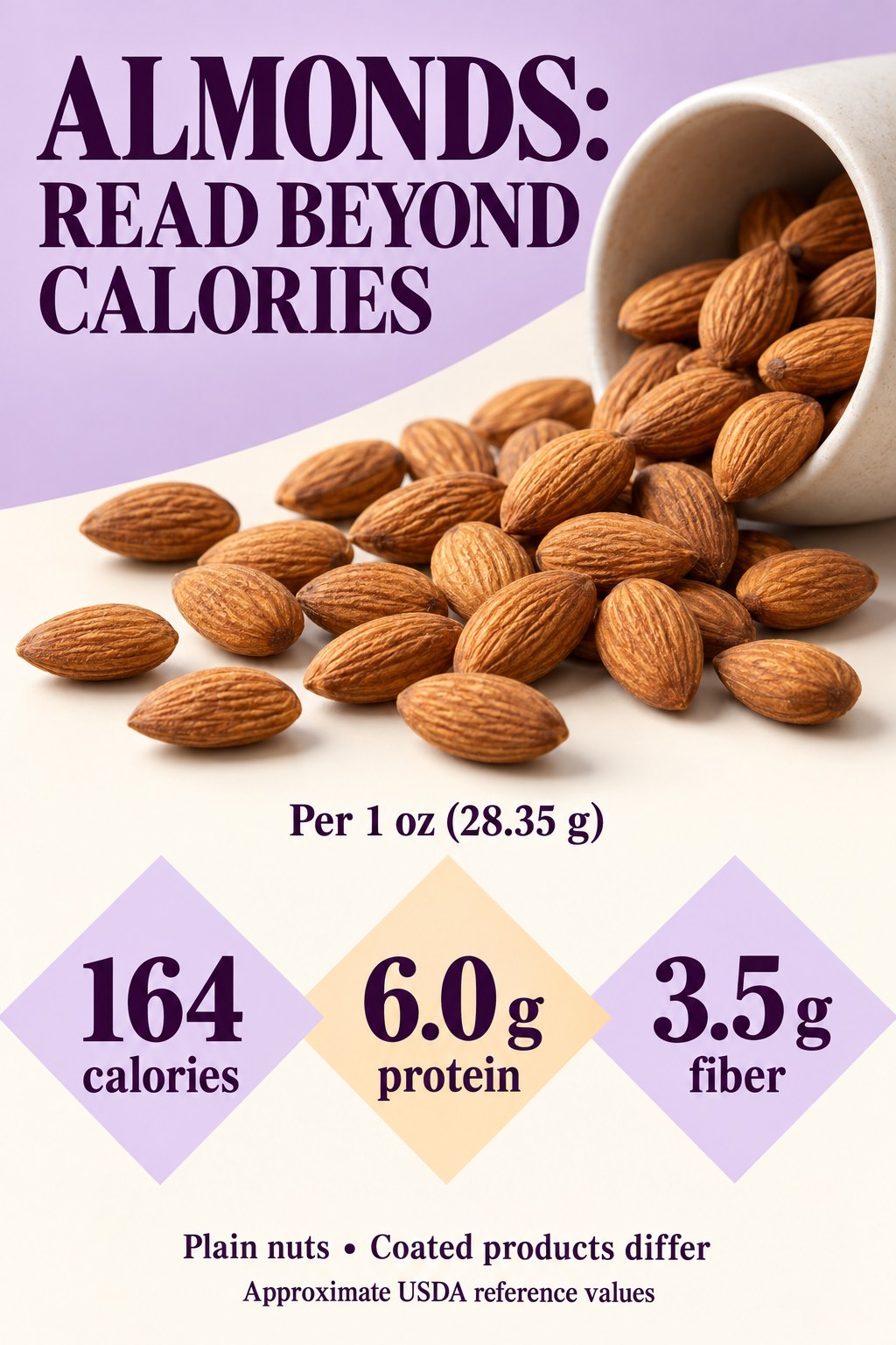 Plain almond nutrition infographic with 164 calories, 6.0 g protein, and 3.5 g fiber per one-ounce portion weighing 28.35 g.