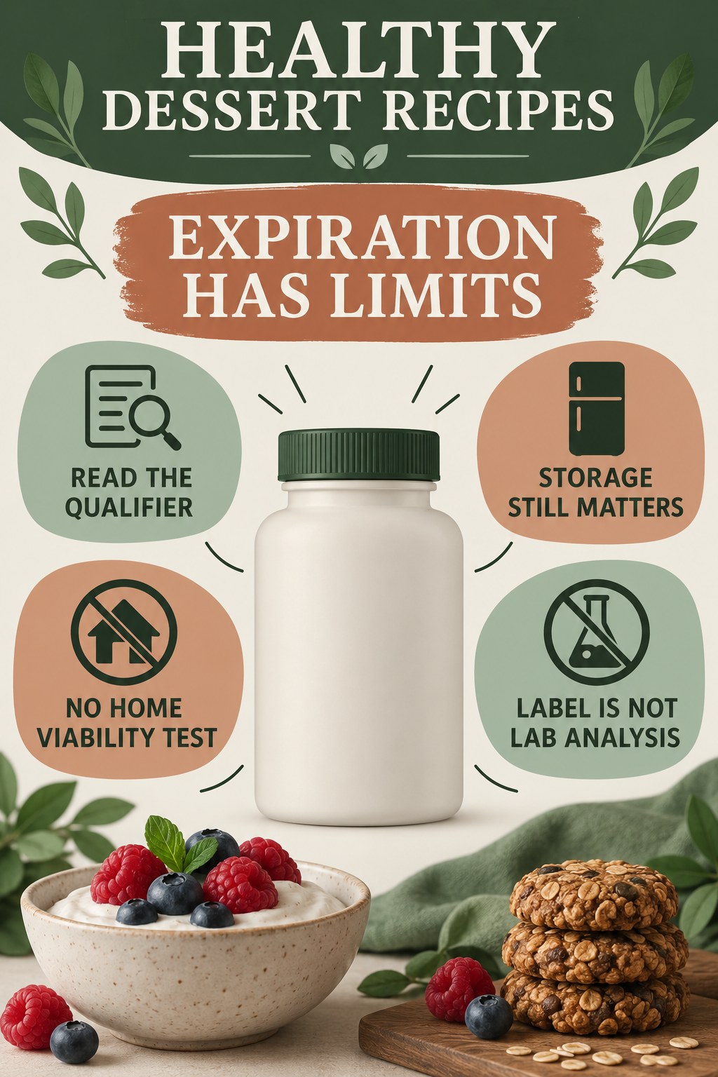 An Expiration Date Is Not Independent Testing infographic for Healthy Dessert Recipes with four concise probiotic-label reading points.