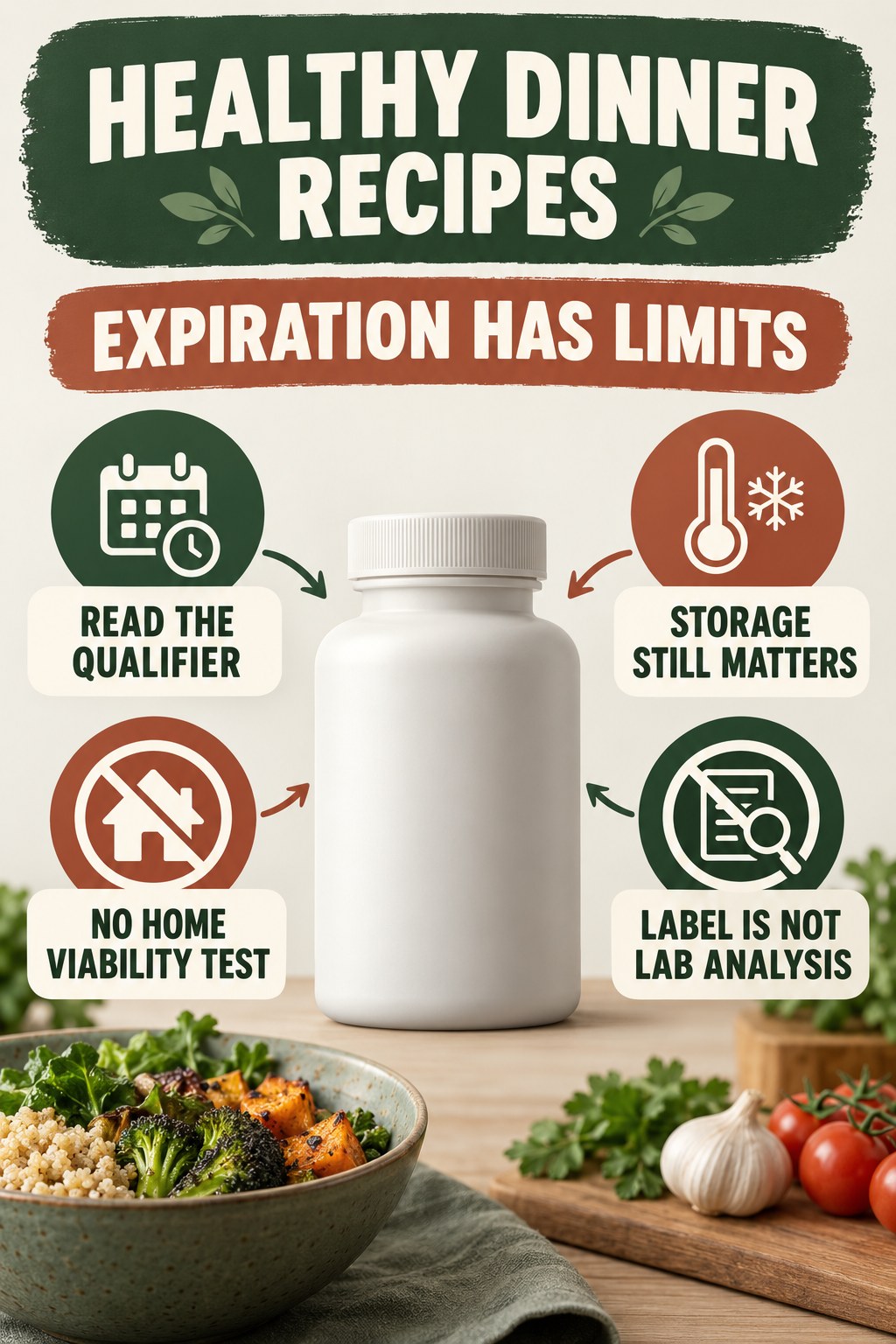 An Expiration Date Is Not Independent Testing infographic for Healthy Dinner Recipes with four concise probiotic-label reading points.