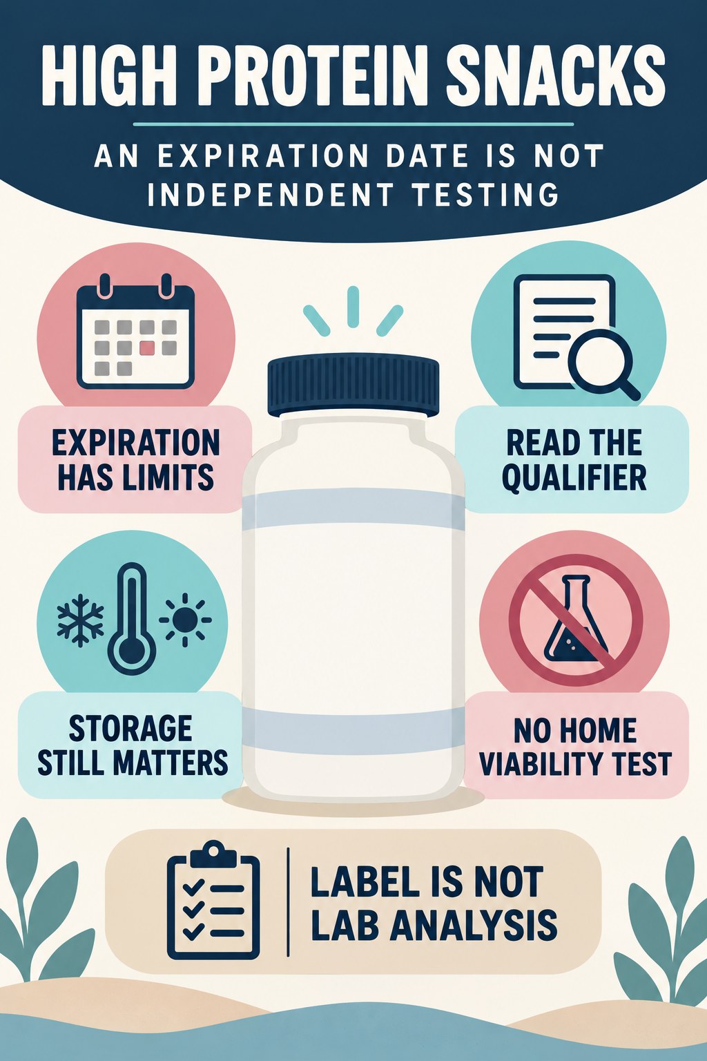 An Expiration Date Is Not Independent Testing infographic for High Protein Snacks with four concise probiotic-label reading points.