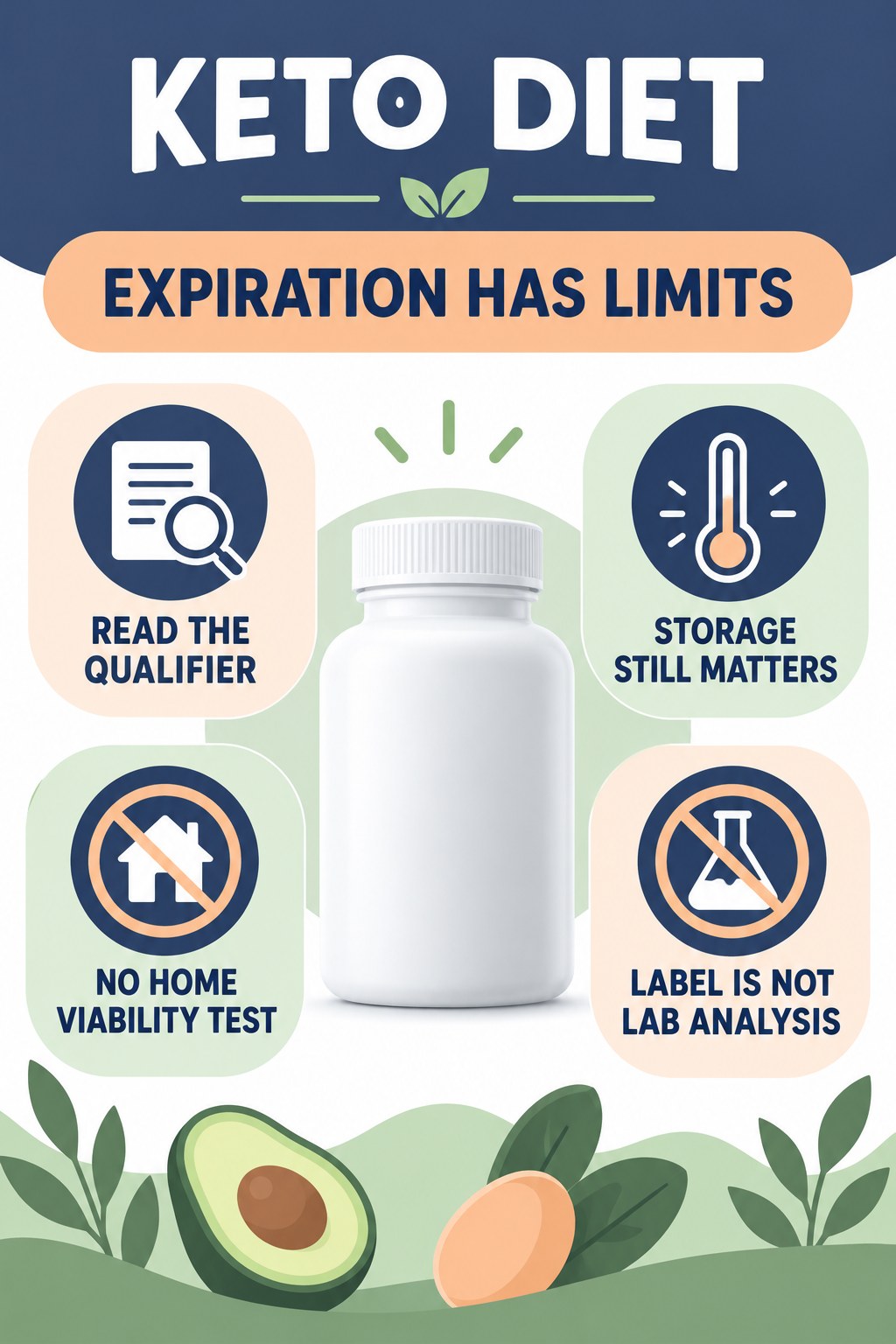 An Expiration Date Is Not Independent Testing infographic for Keto Diet with four concise probiotic-label reading points.