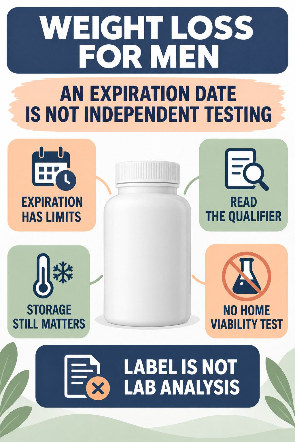 An Expiration Date Is Not Independent Testing infographic for Weight Loss for Men with four concise probiotic-label reading points.