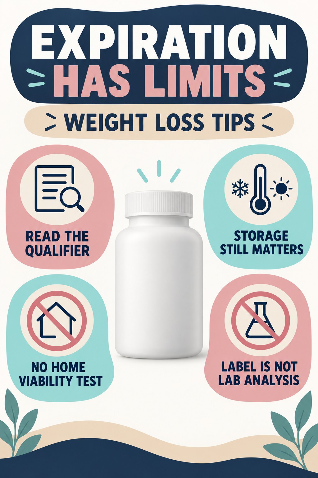 An Expiration Date Is Not Independent Testing infographic for Weight Loss Tips with four concise probiotic-label reading points.