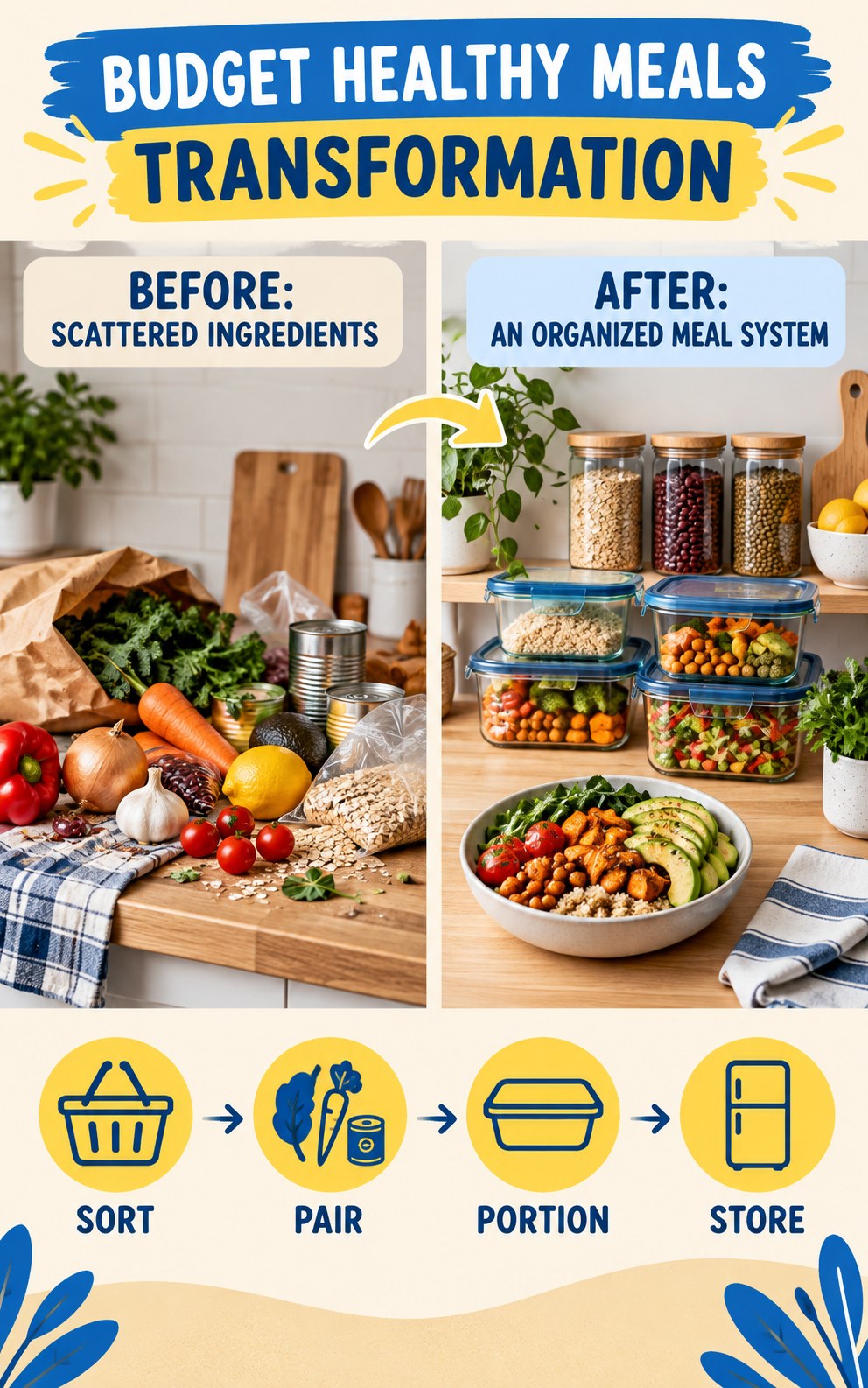 Budget Healthy Meals habit transformation graphic comparing scattered ingredients with an organized meal system using four practical steps.